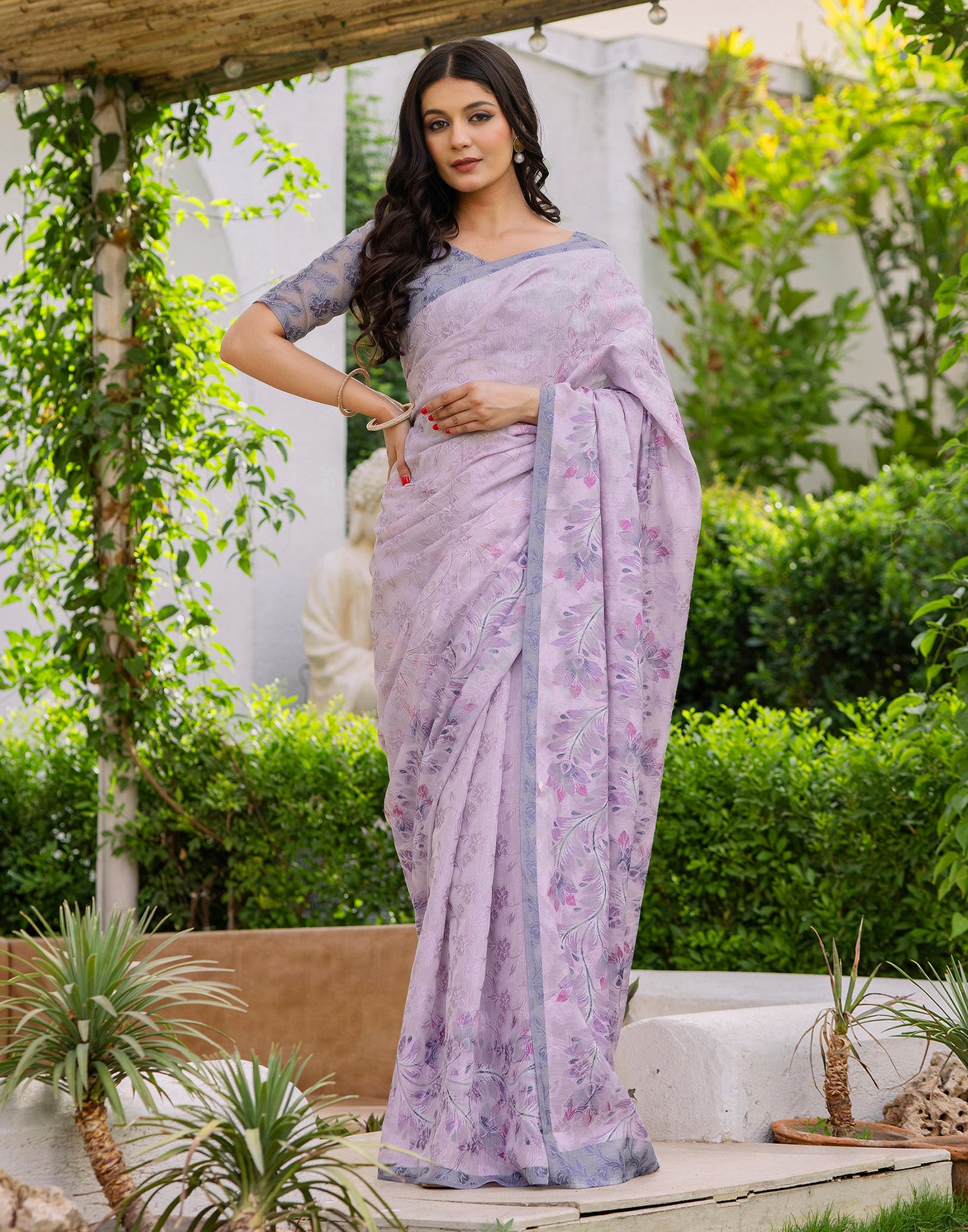 Pink Cotton Floral Printed Saree