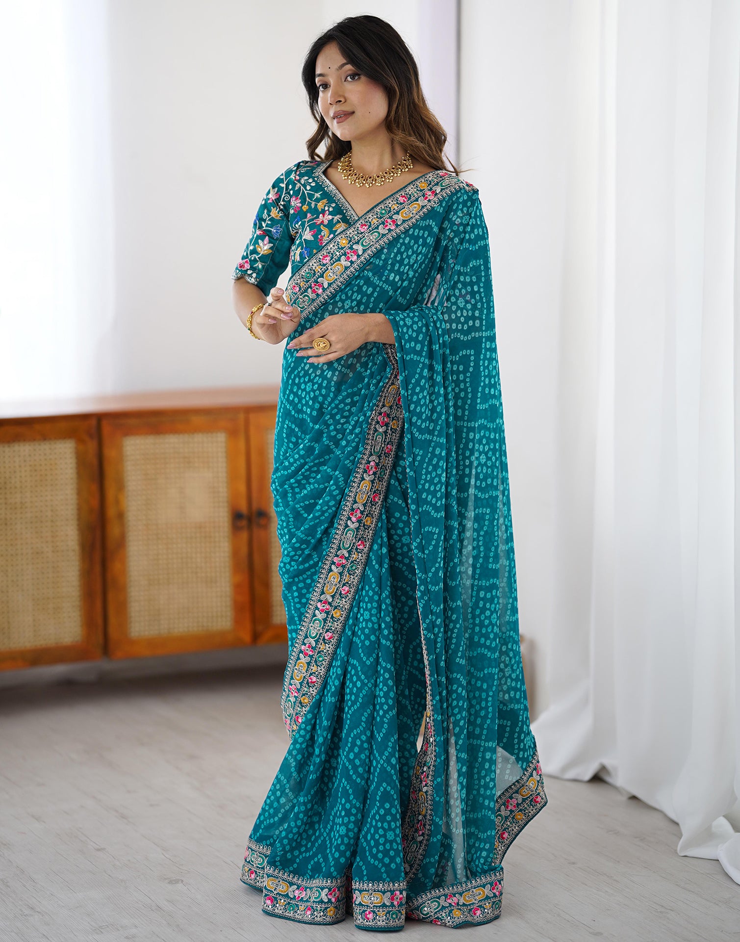 Blue Georgette Printed Bandhani Saree