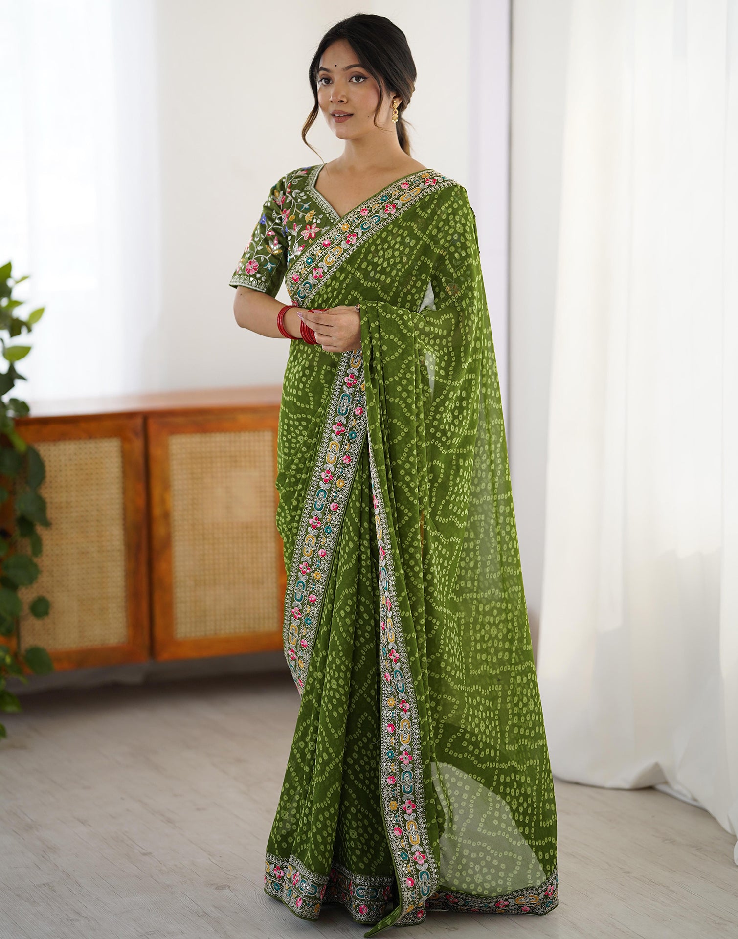 Green Georgette Printed Bandhani Saree