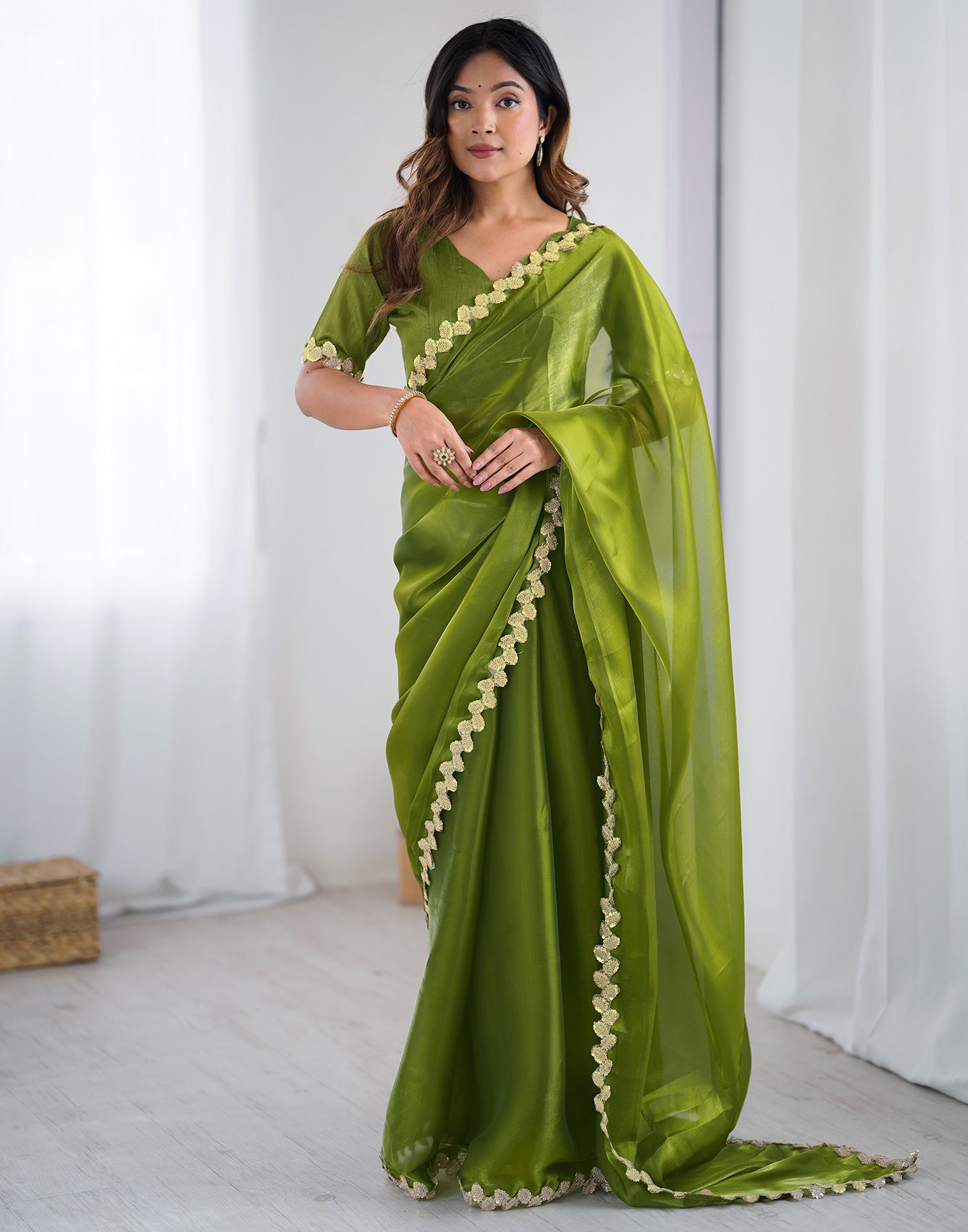 Green Tissue Silk Embroidery Lace Saree