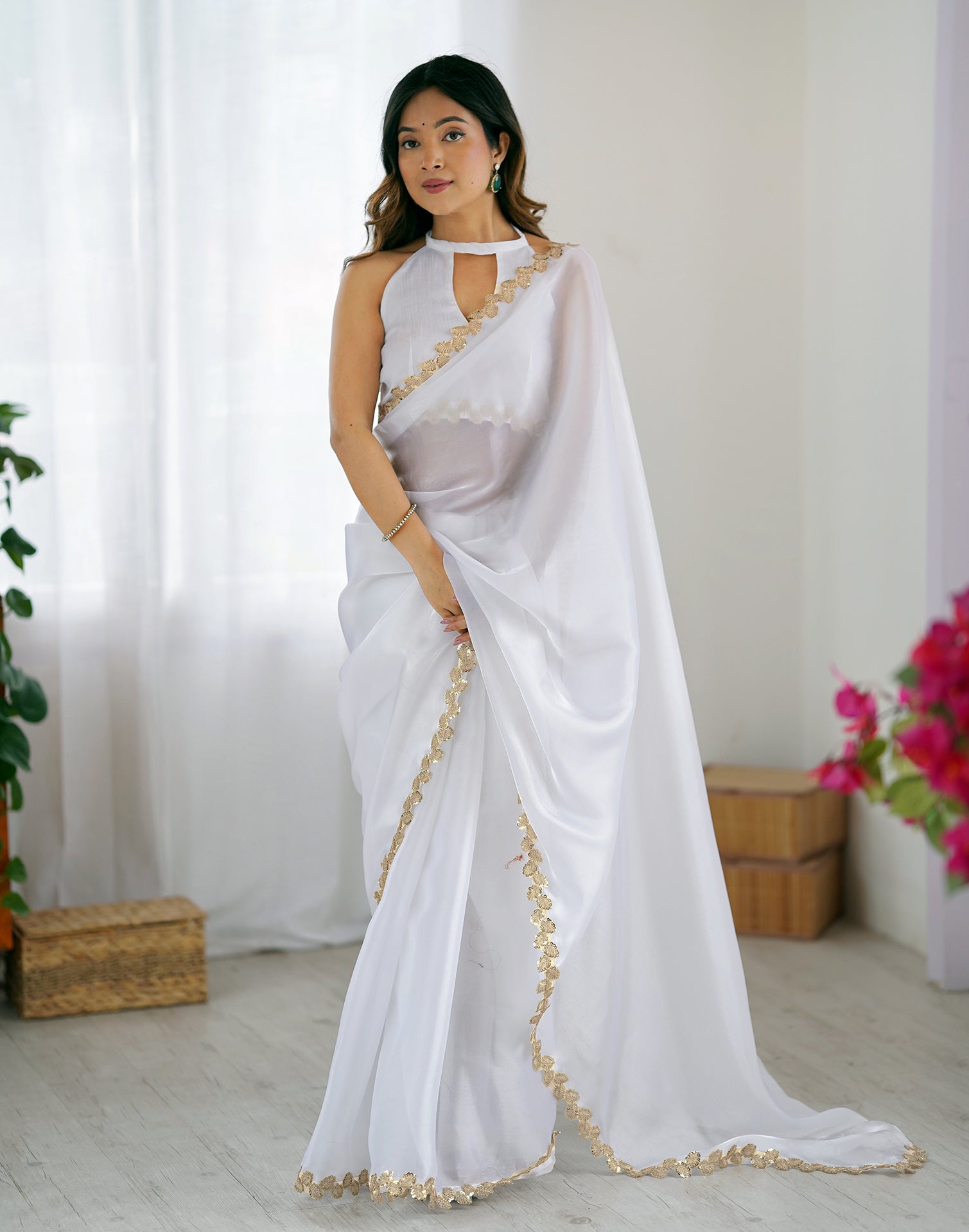 White Tissue Silk Embroidery Lace Saree