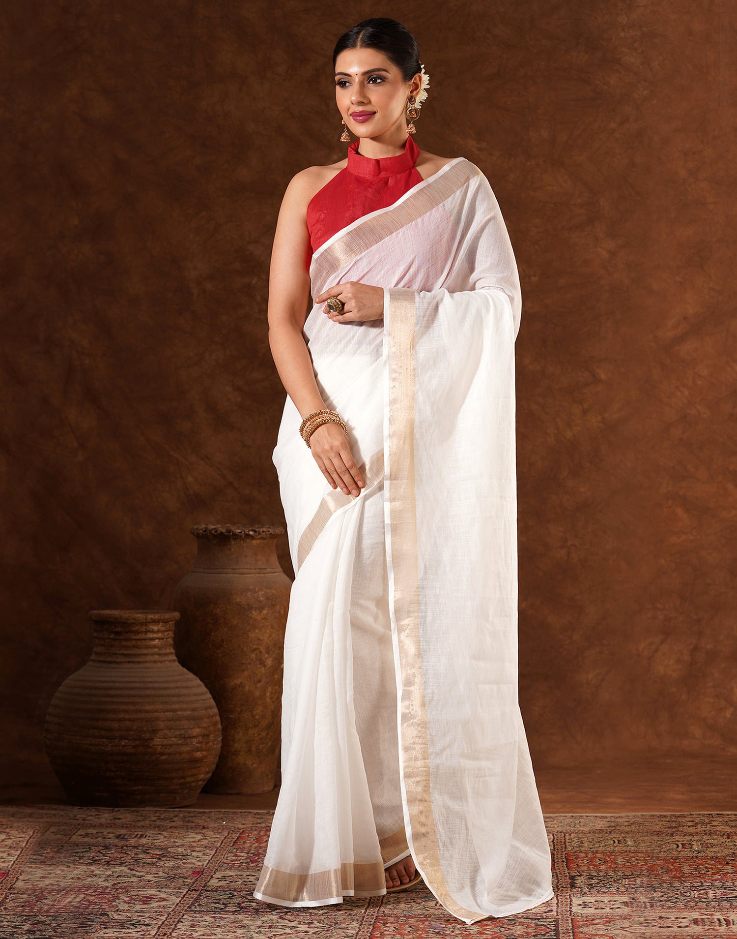 White Linen Zari work Plain Saree