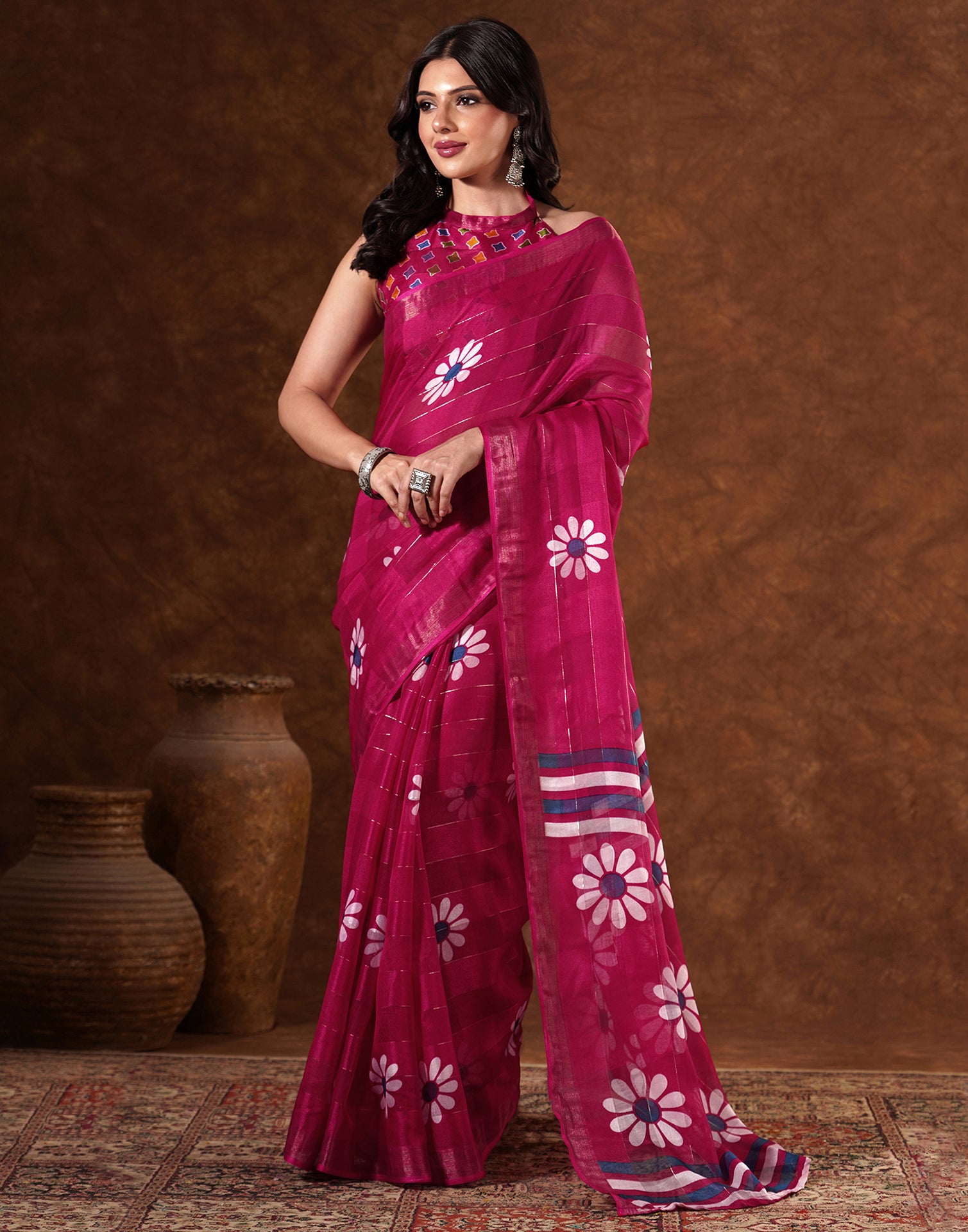 Magenta Silk Floral Printed Saree