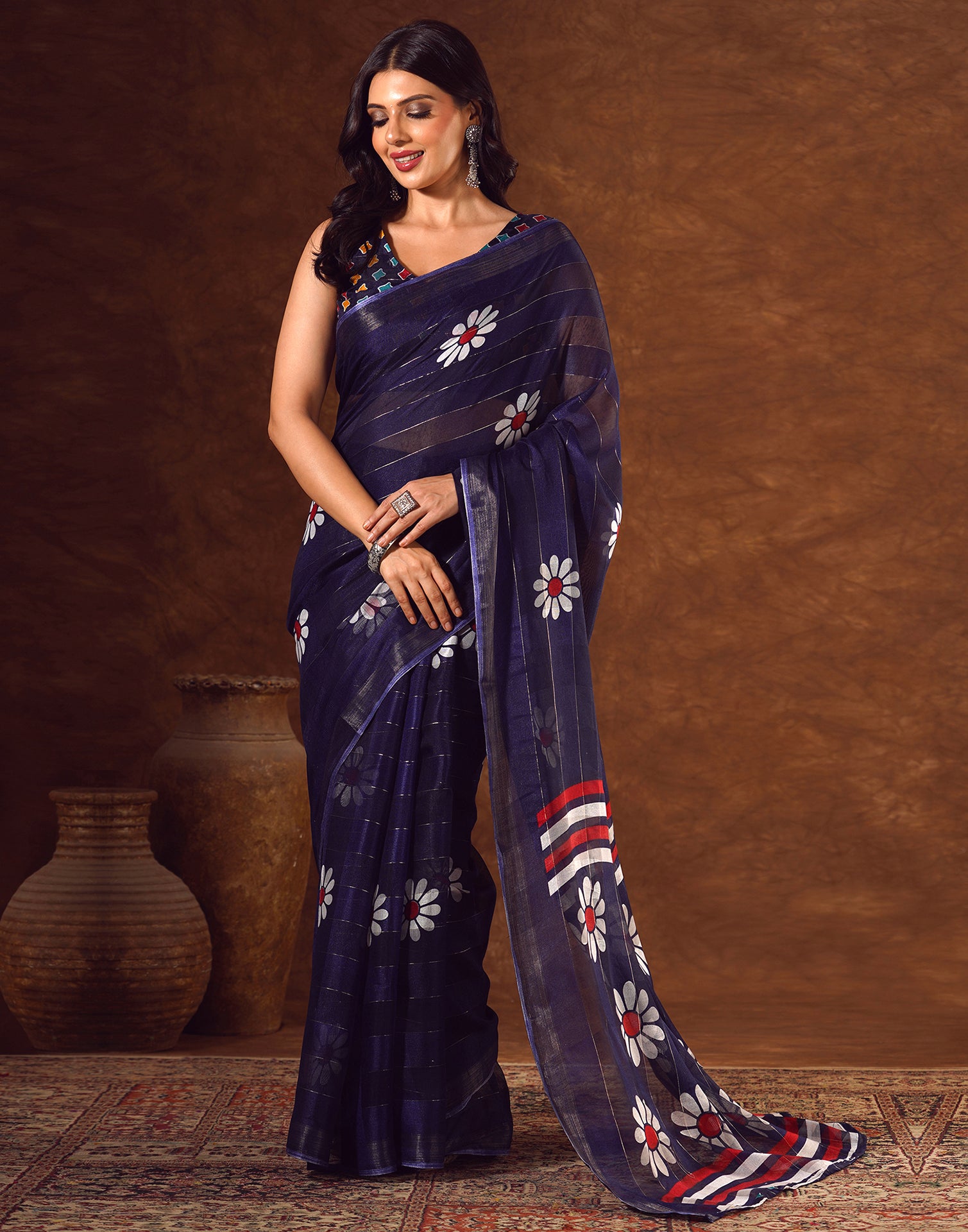 Blue Silk Floral Printed Saree