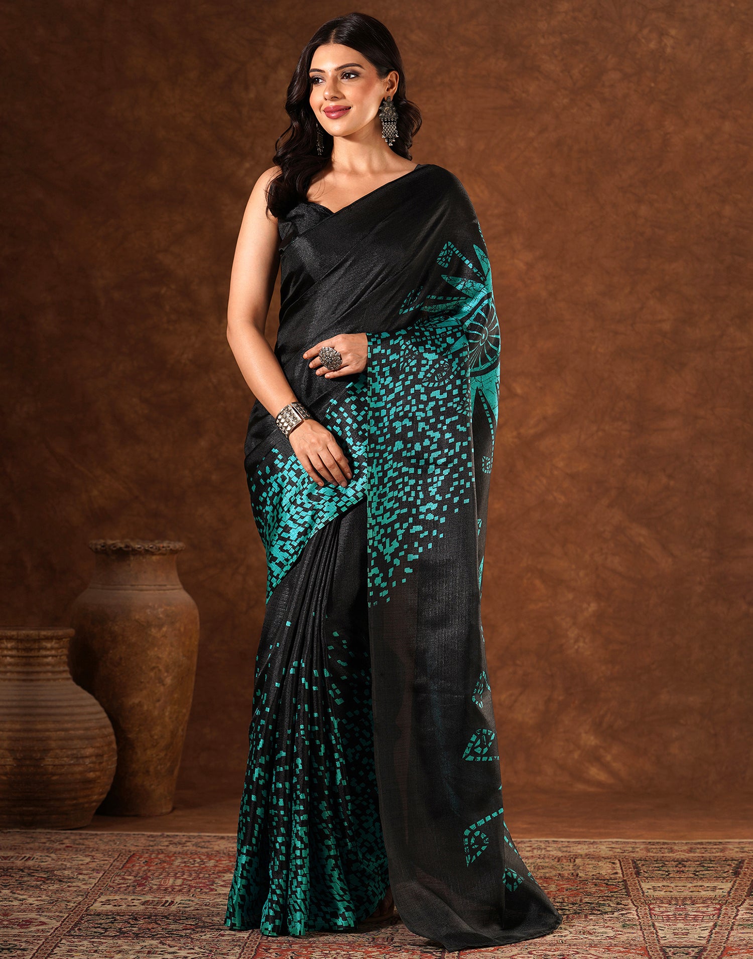 Black Cotton Blend Printed Saree