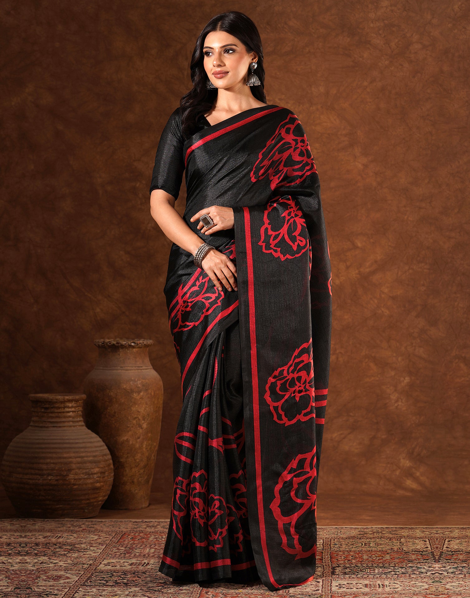 Black Cotton Blend Printed Saree