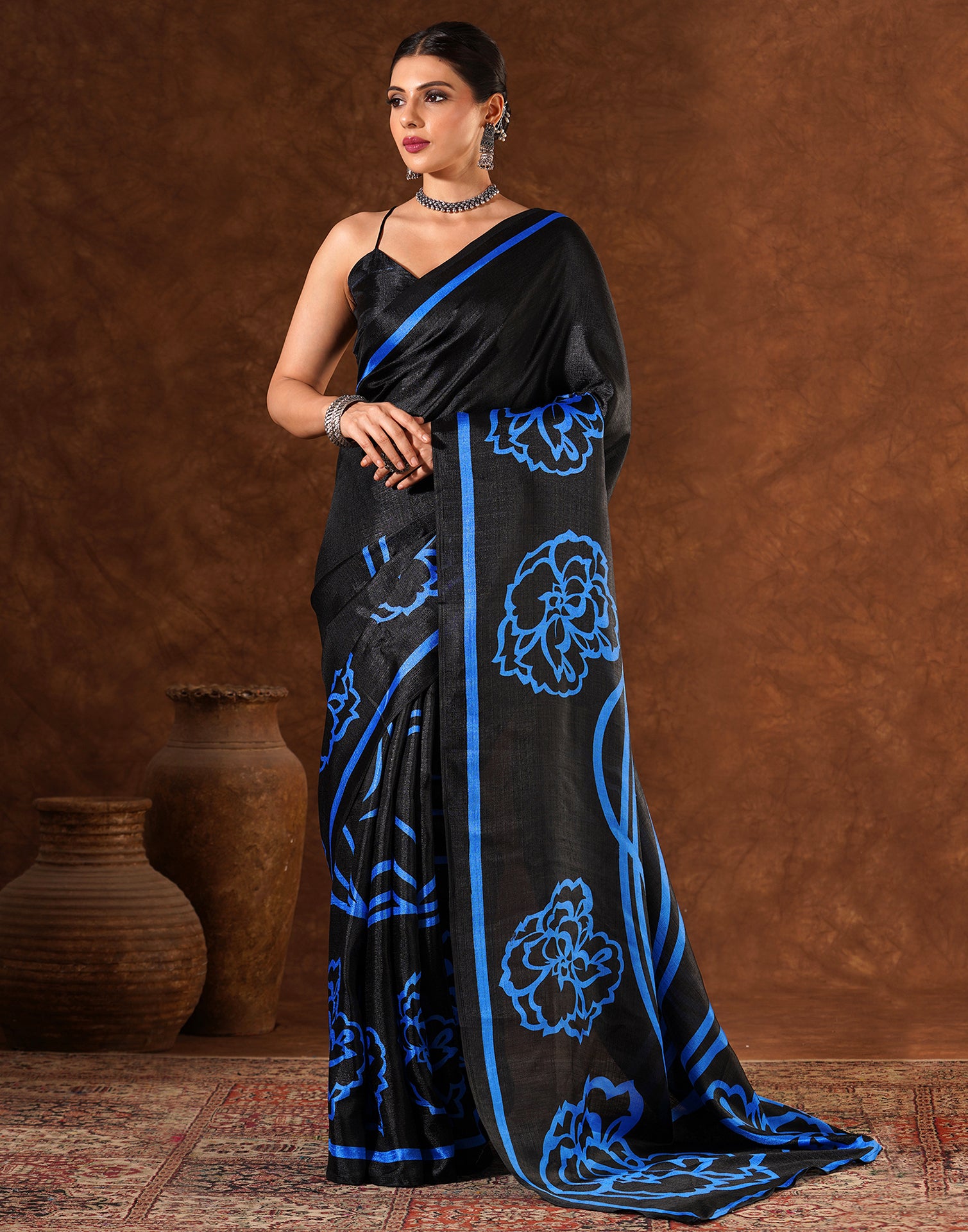 Black Cotton Blend Printed Saree