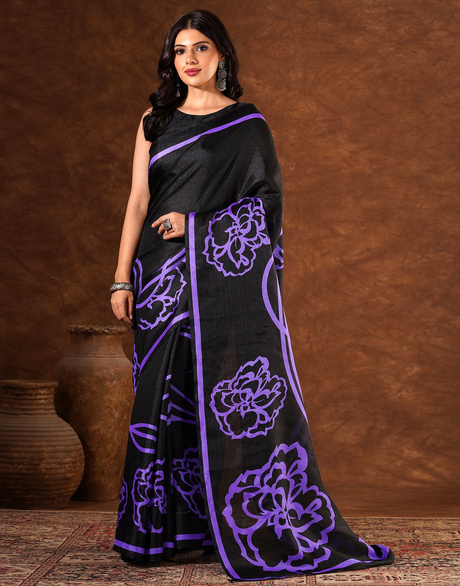 Black Cotton Blend Printed Saree