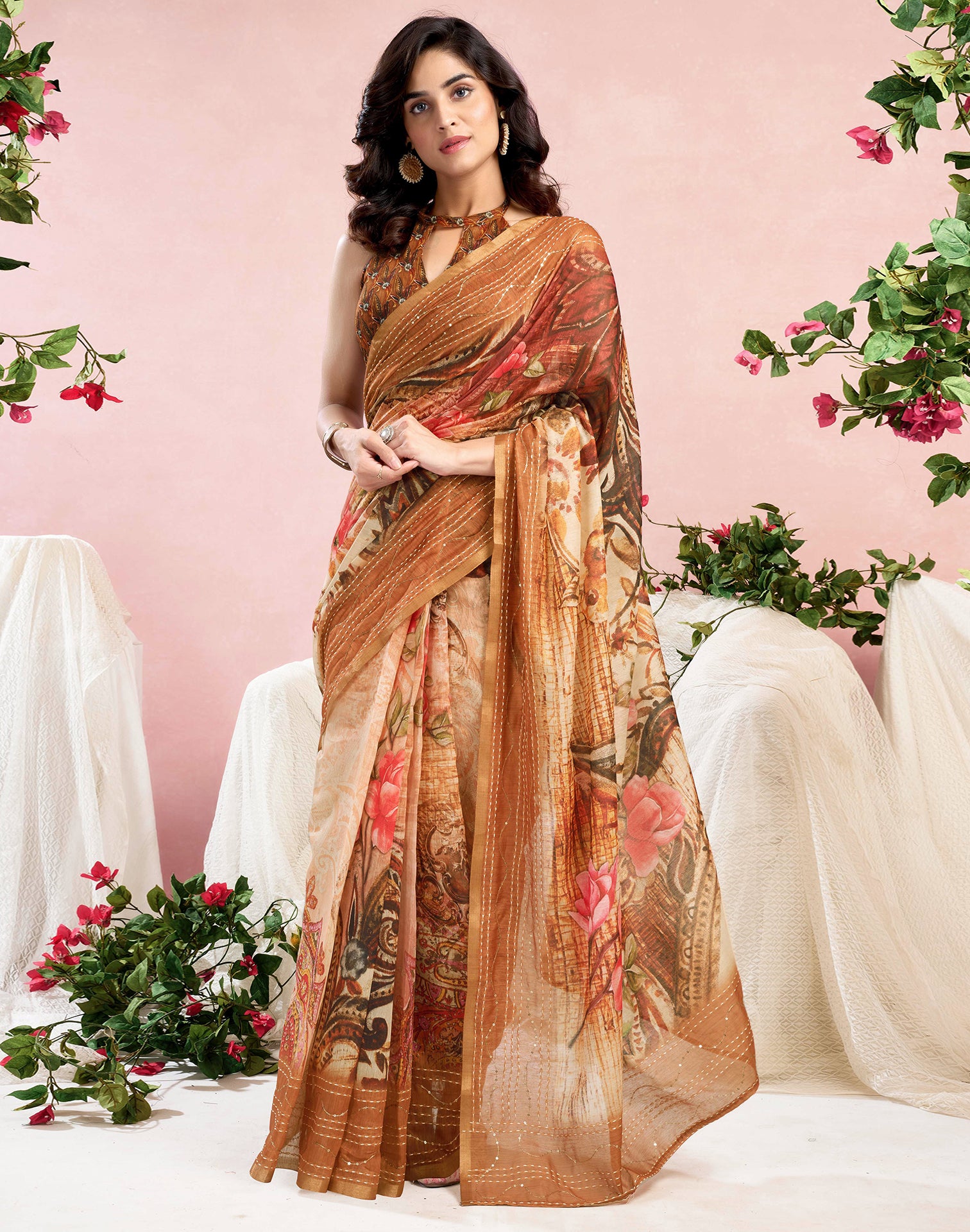 Ready To Wear Brown Chanderi Embroidery Floral Printed Saree