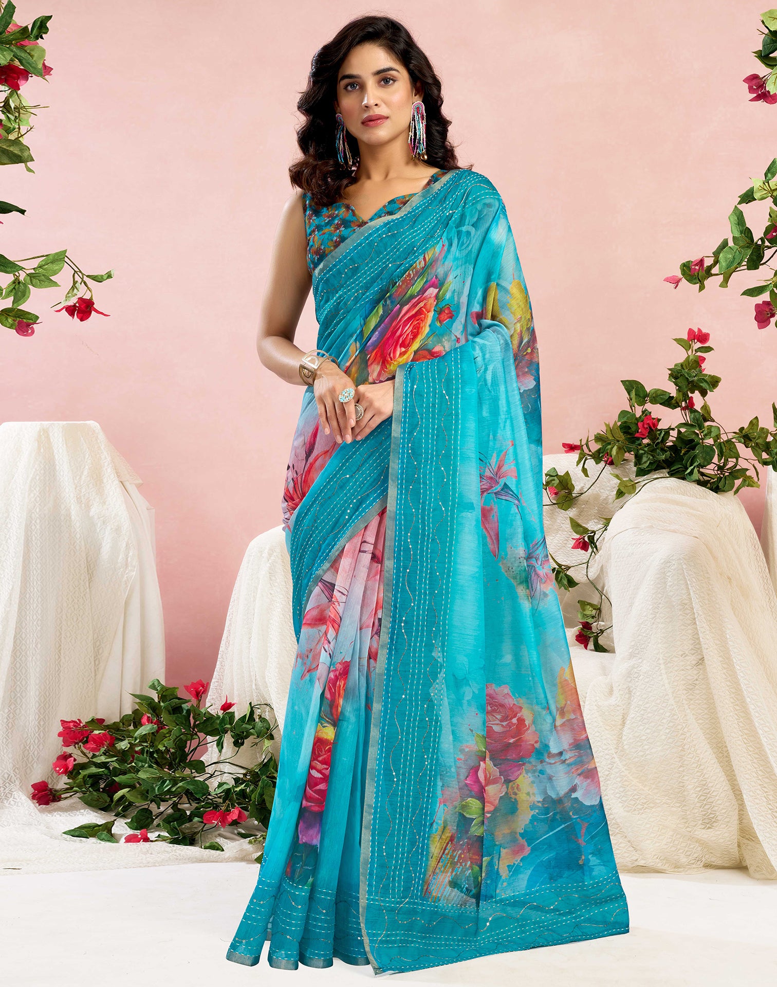 Ready To Wear Blue Chanderi Embroidery Floral Printed Saree