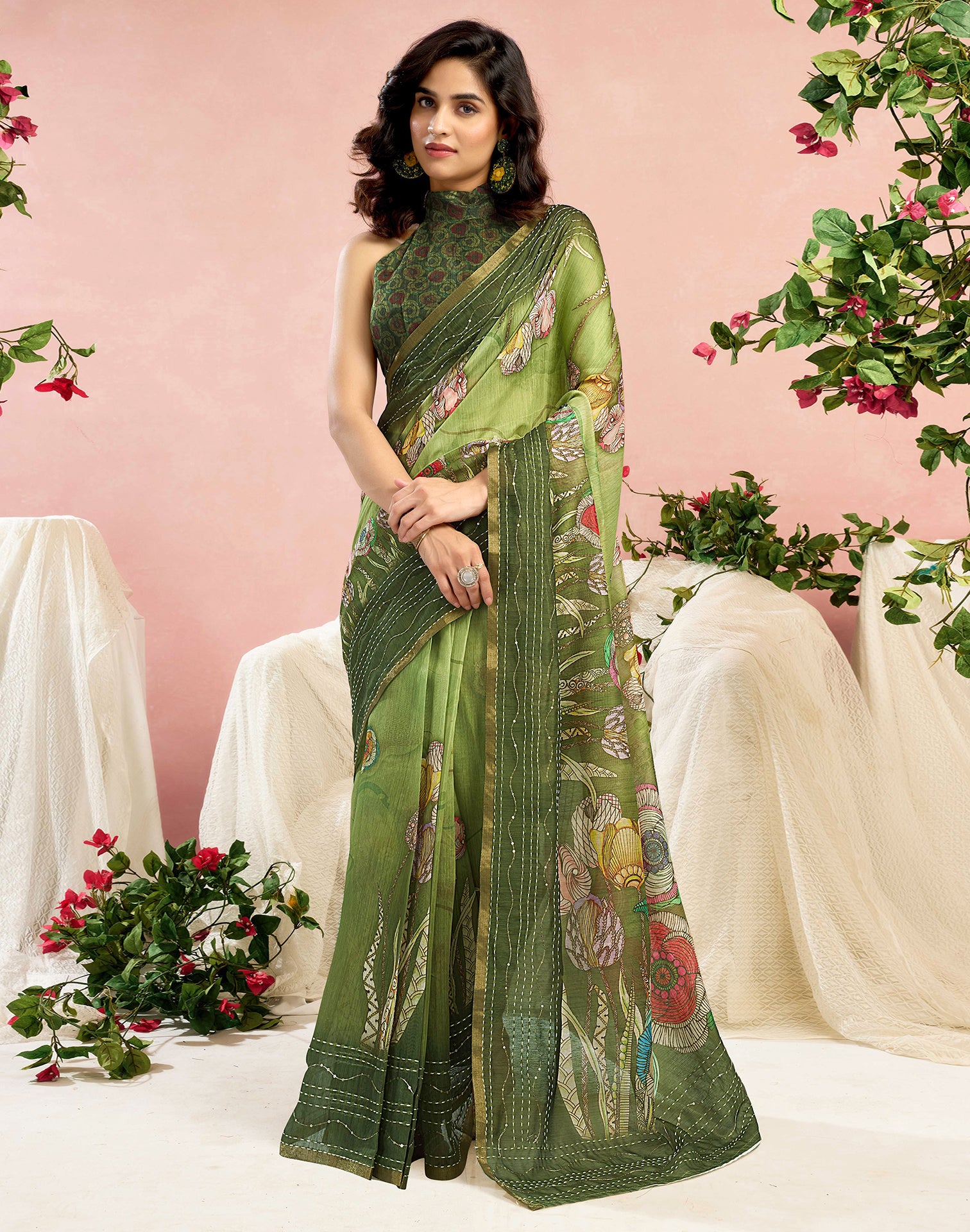 Ready To Wear Green Chanderi Embroidery Floral Printed Saree