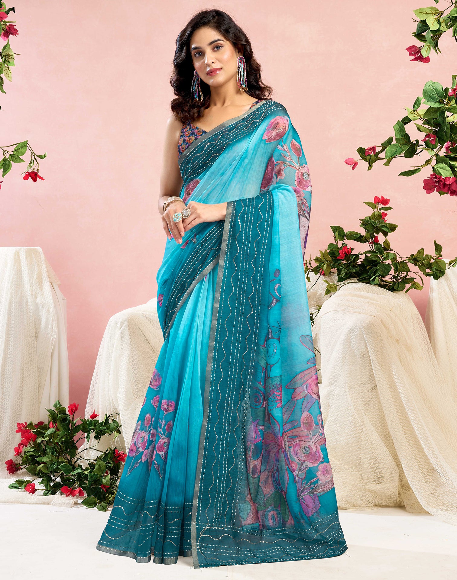 Ready To Wear Blue Chanderi Embroidery Floral Printed Saree
