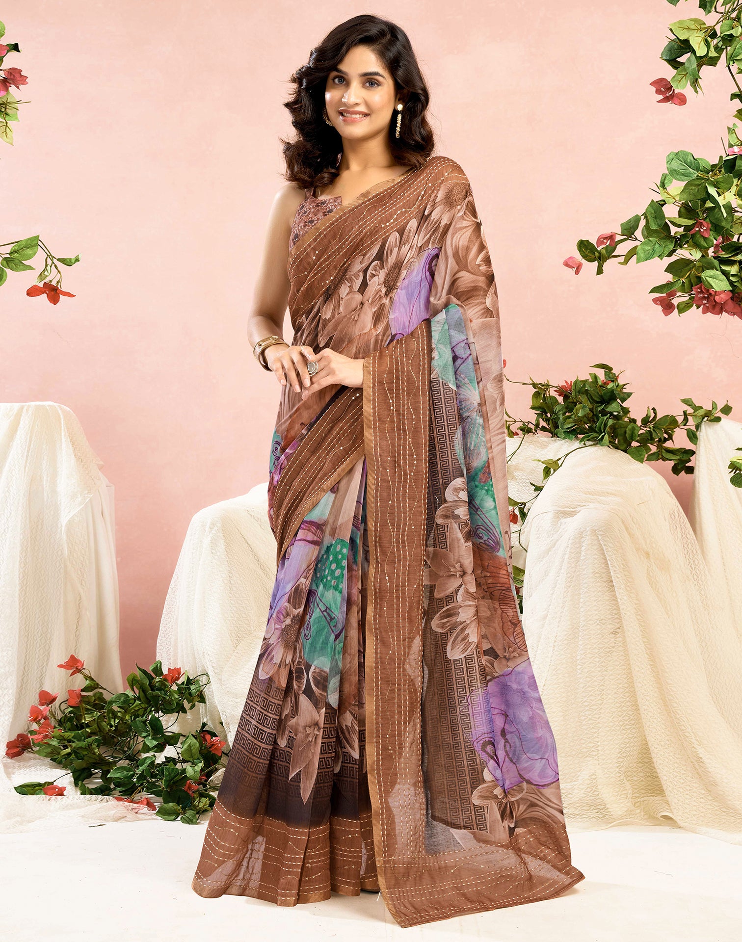 Ready To Wear Brown Chanderi Embroidery Floral Printed Saree