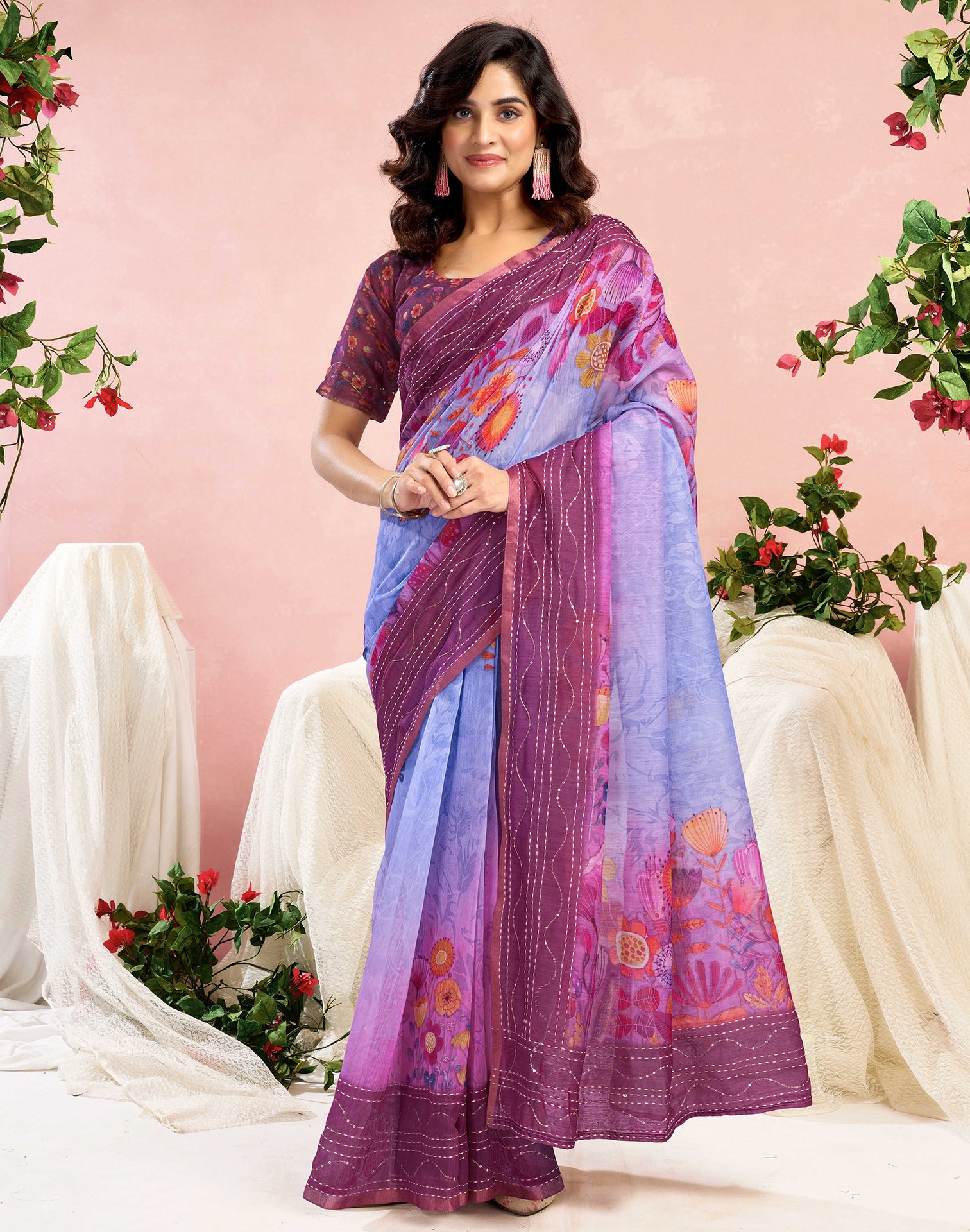 Ready To Wear Magenta Chanderi Embroidery Floral Printed Saree