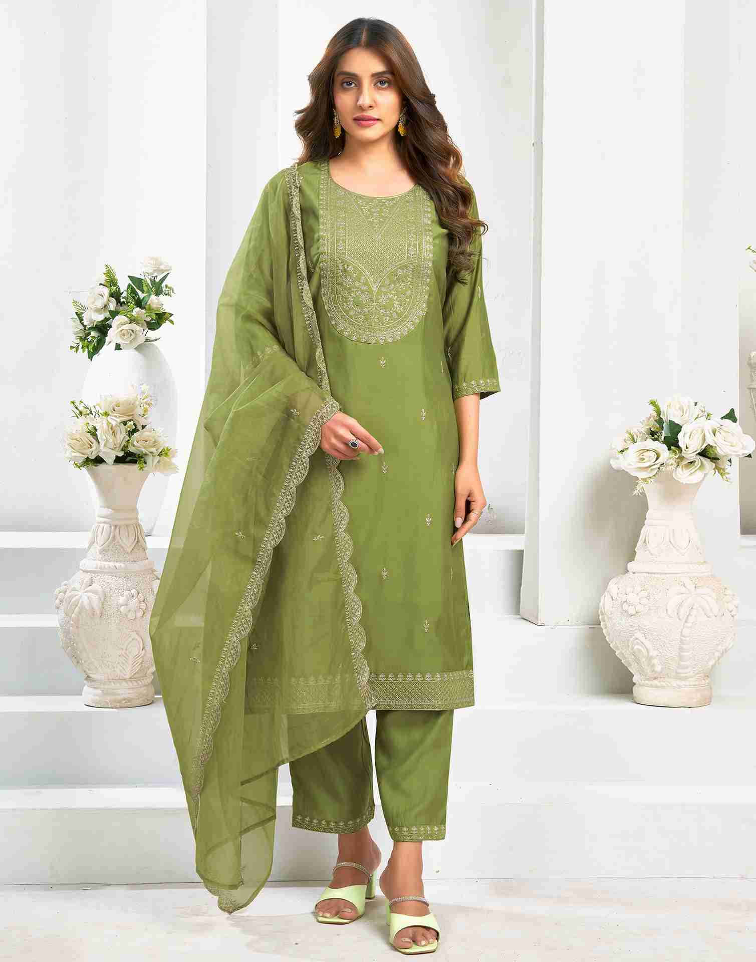 Green Chanderi Embroidery Straight Kurta Set With Dupatta