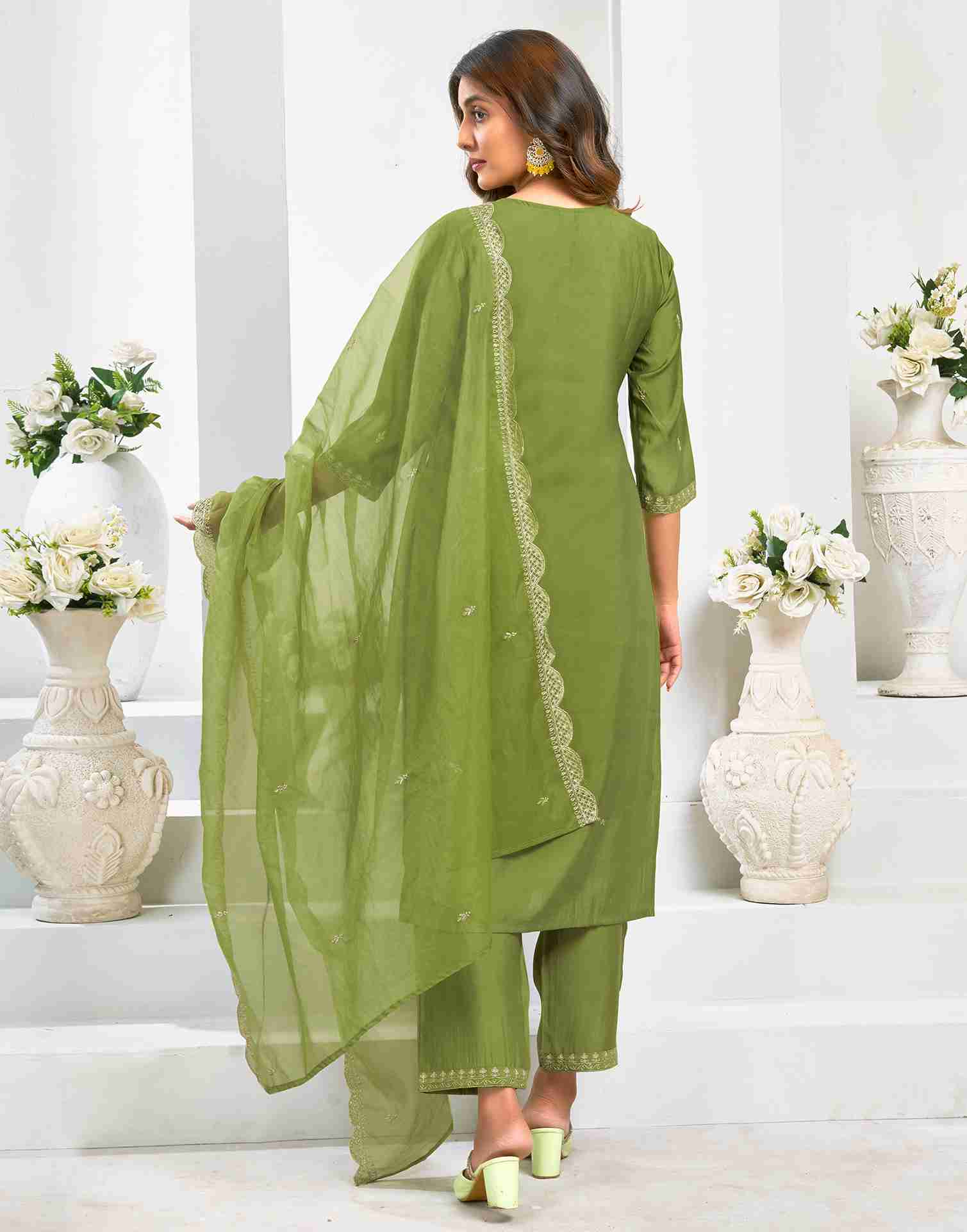 Green Chanderi Embroidery Straight Kurta Set With Dupatta