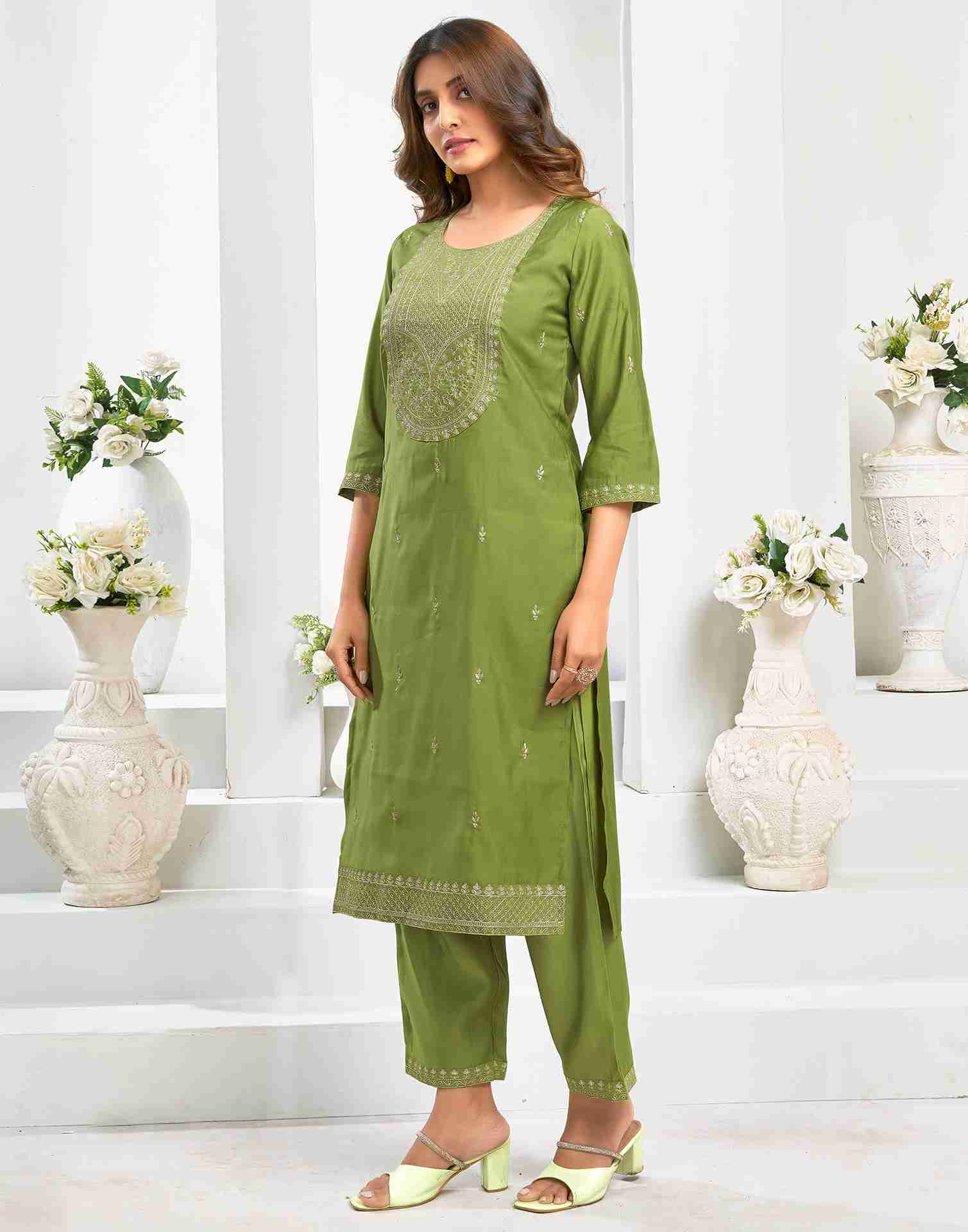 Green Chanderi Embroidery Straight Kurta Set With Dupatta