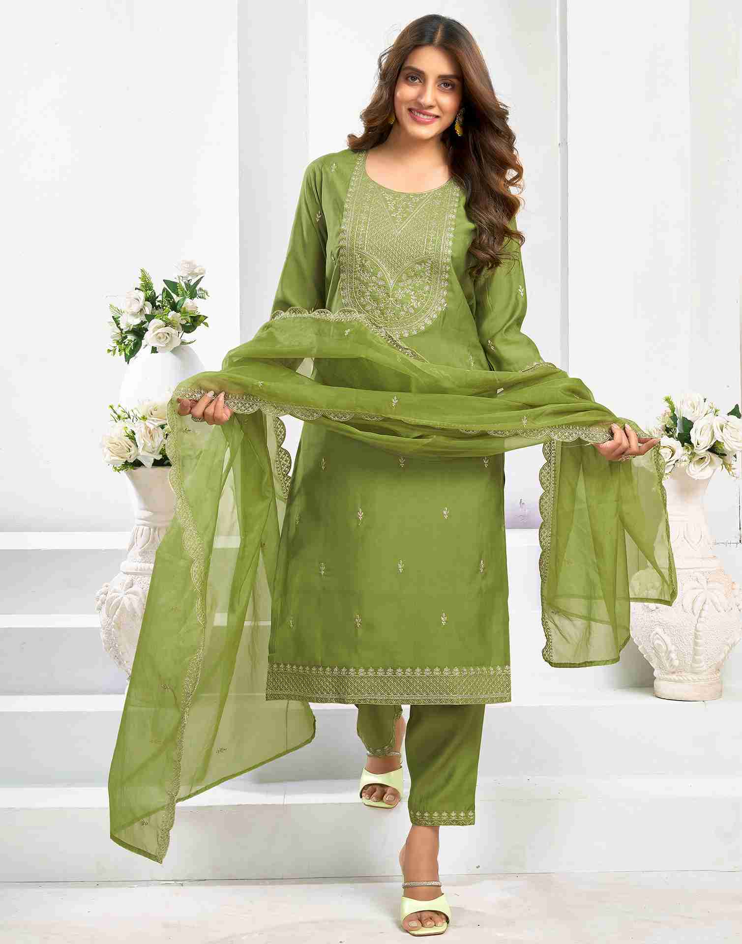 Green Chanderi Embroidery Straight Kurta Set With Dupatta