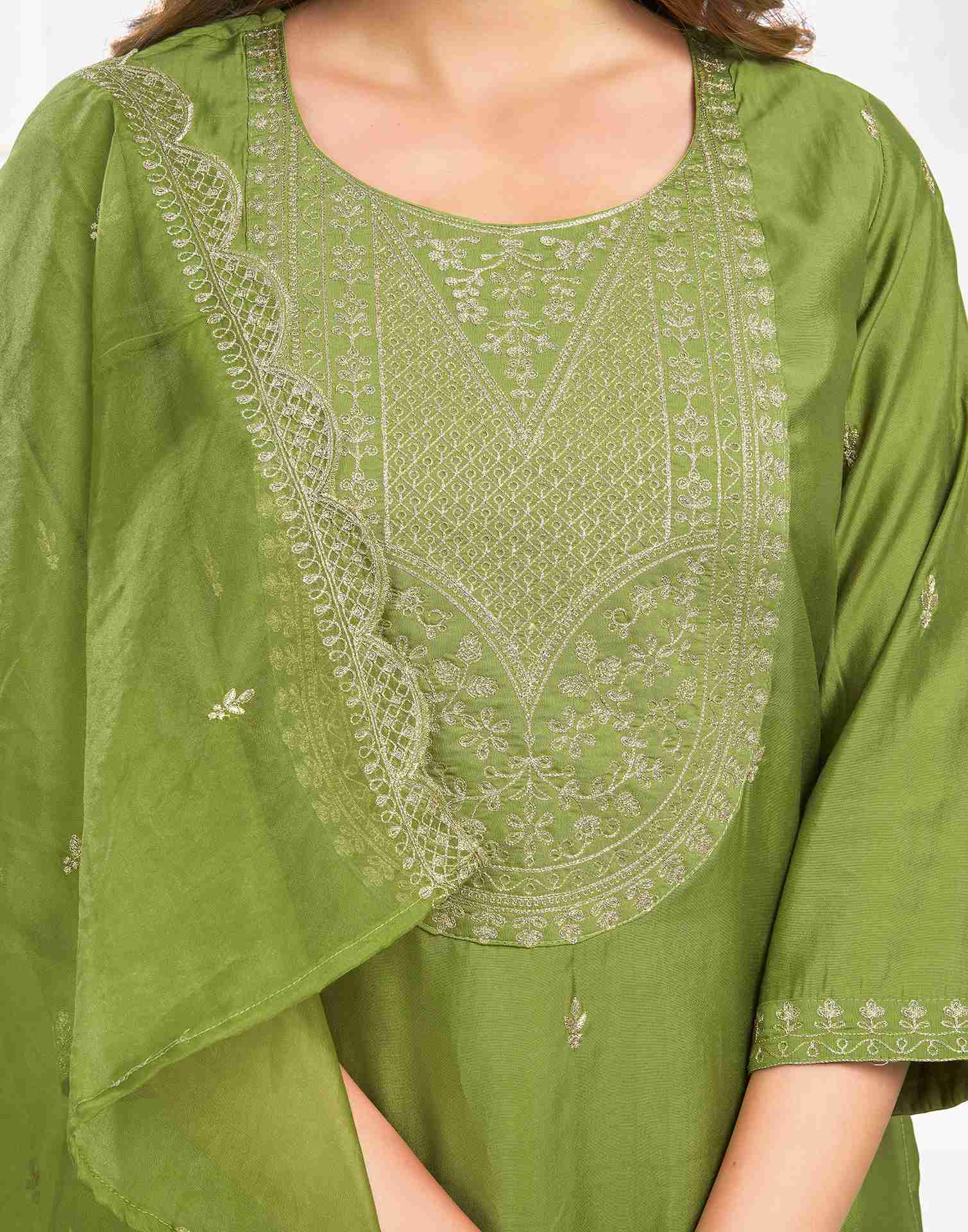 Green Chanderi Embroidery Straight Kurta Set With Dupatta