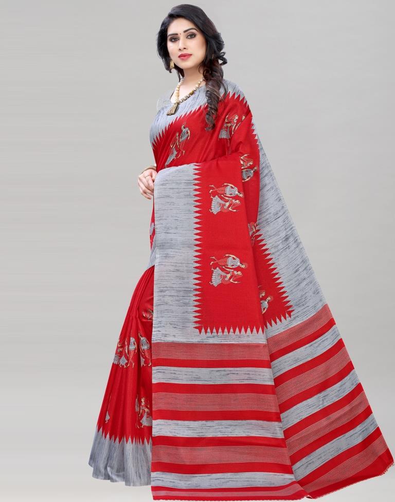 Red Coloured Khadi Silk Printed Casual saree | Sudathi