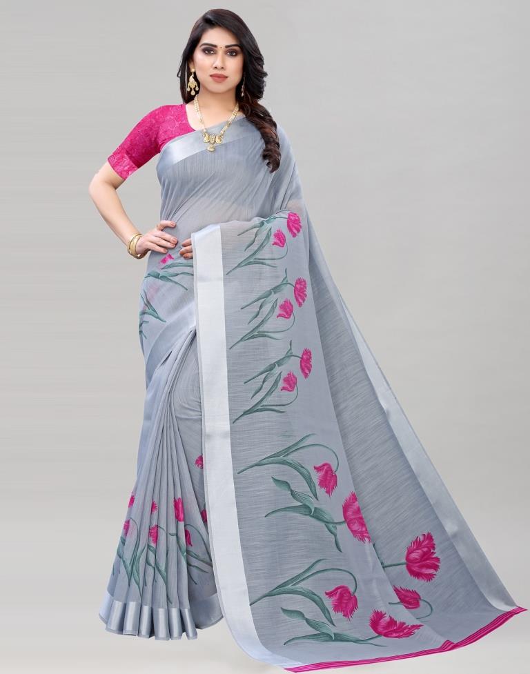 Grey Printed Cotton Saree | Sudathi