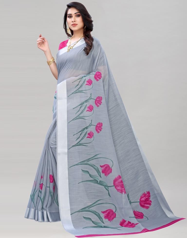 Grey Printed Cotton Saree | Sudathi