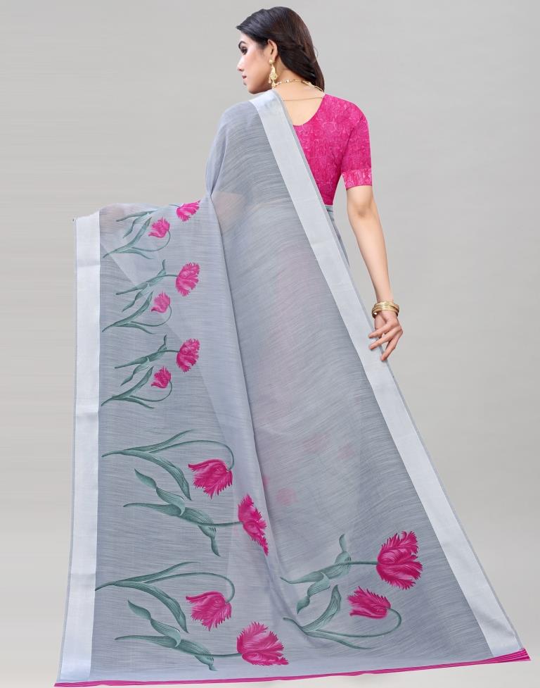 Grey Printed Cotton Saree | Sudathi