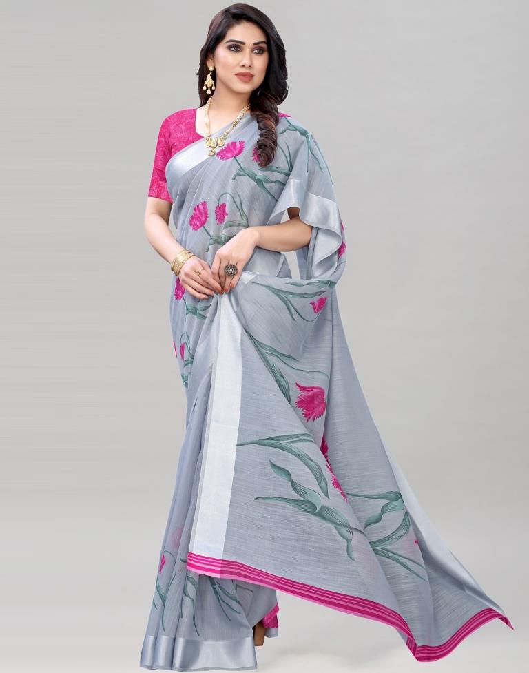 Grey Printed Cotton Saree | Sudathi