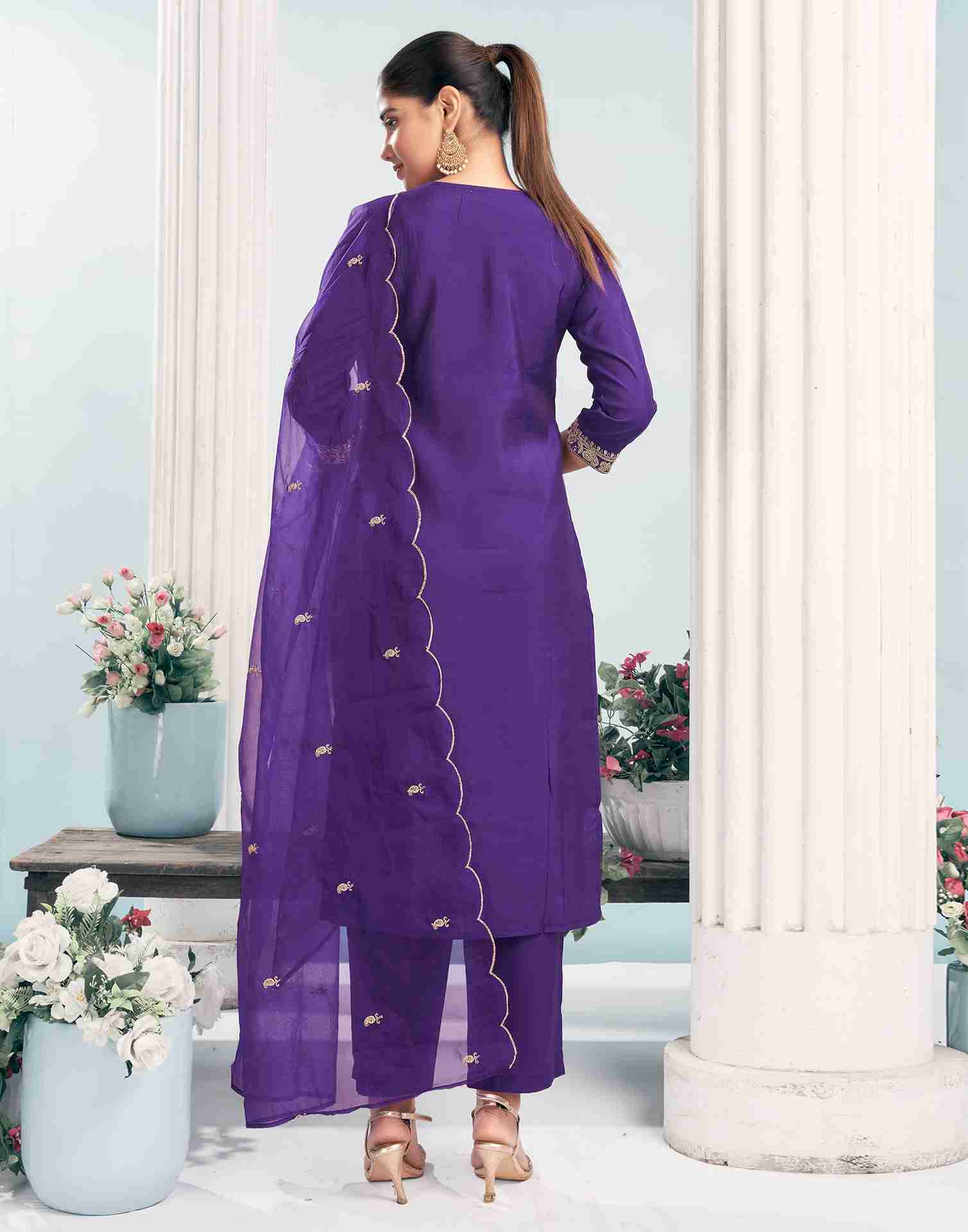 Dark Purple Silk Embroidery Straight Kurta With Pant And Dupatta