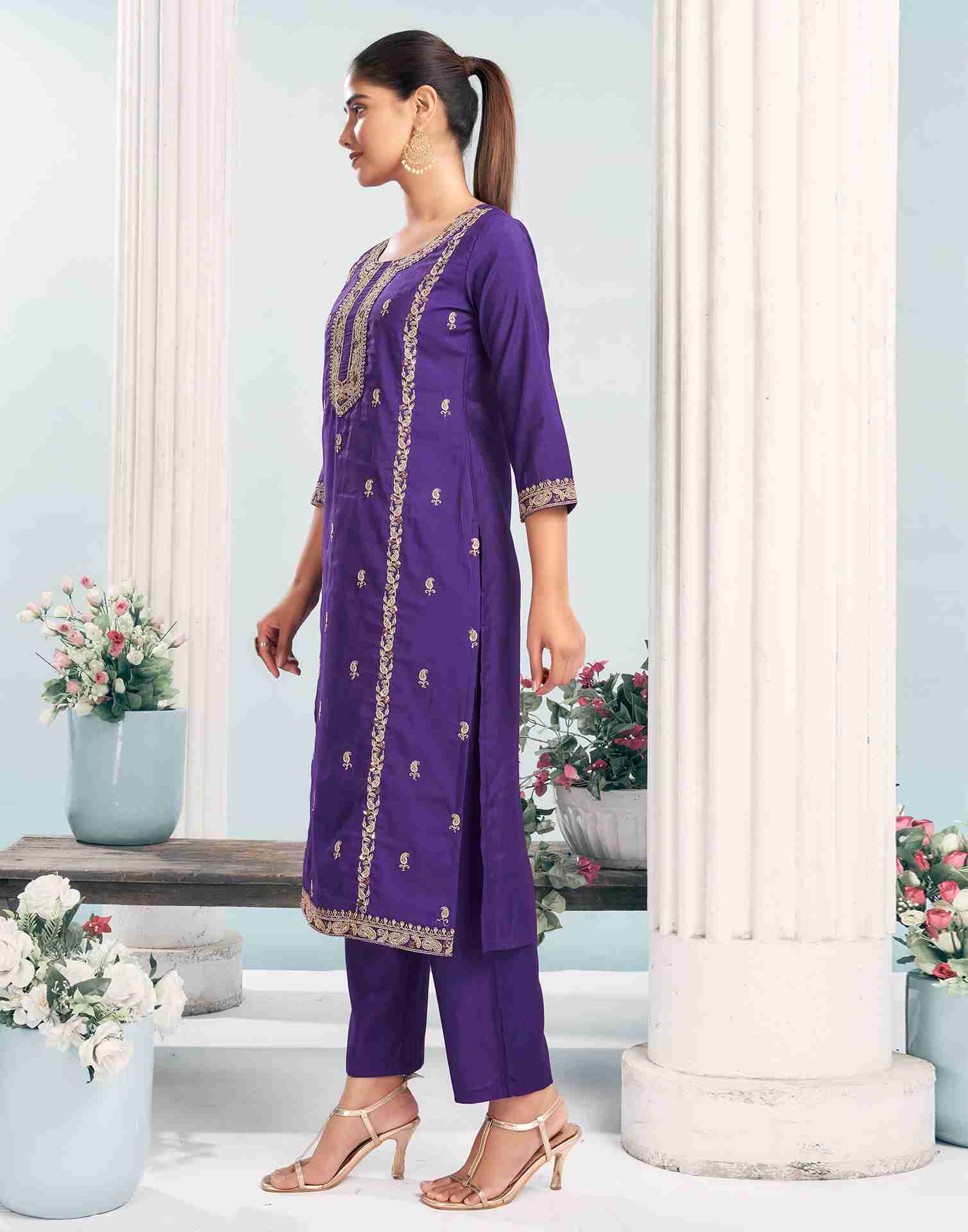 Dark Purple Silk Embroidery Straight Kurta With Pant And Dupatta