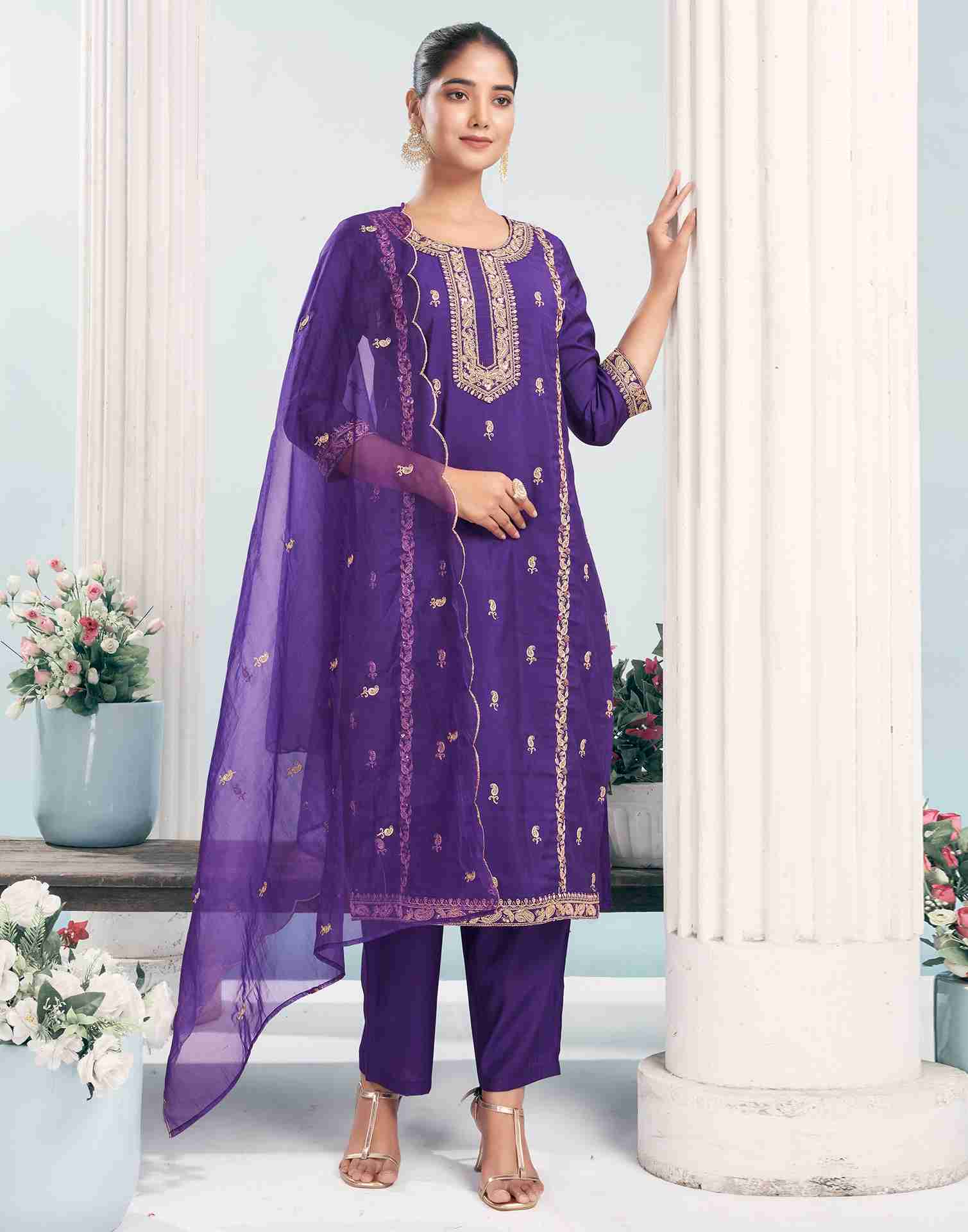 Dark Purple Silk Embroidery Straight Kurta With Pant And Dupatta