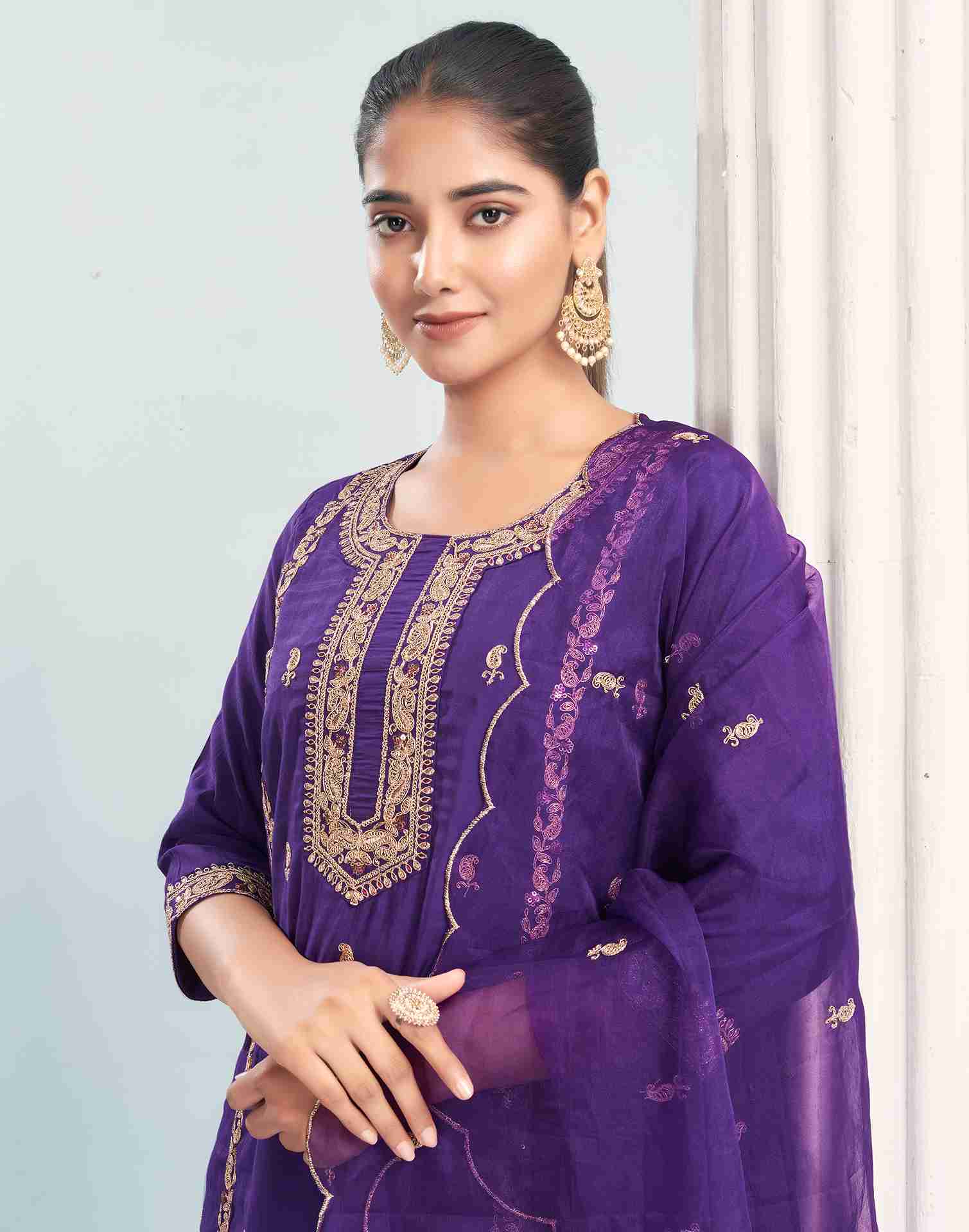 Dark Purple Silk Embroidery Straight Kurta With Pant And Dupatta