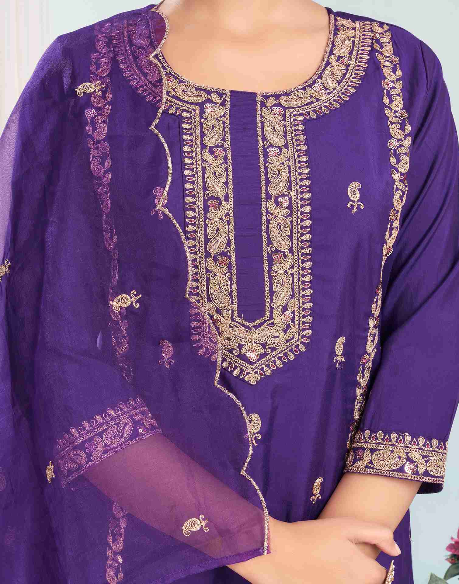 Dark Purple Silk Embroidery Straight Kurta With Pant And Dupatta