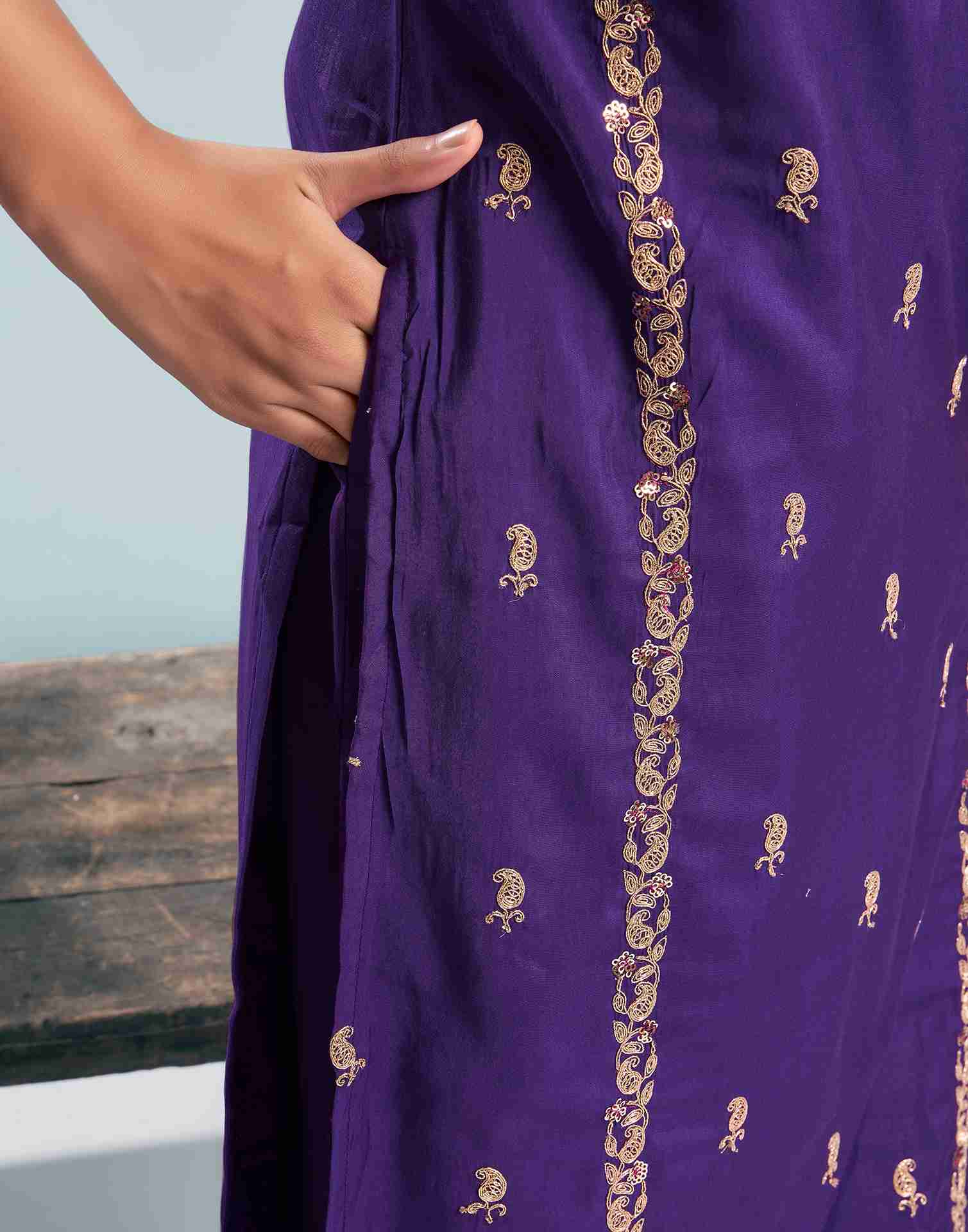 Dark Purple Silk Embroidery Straight Kurta With Pant And Dupatta