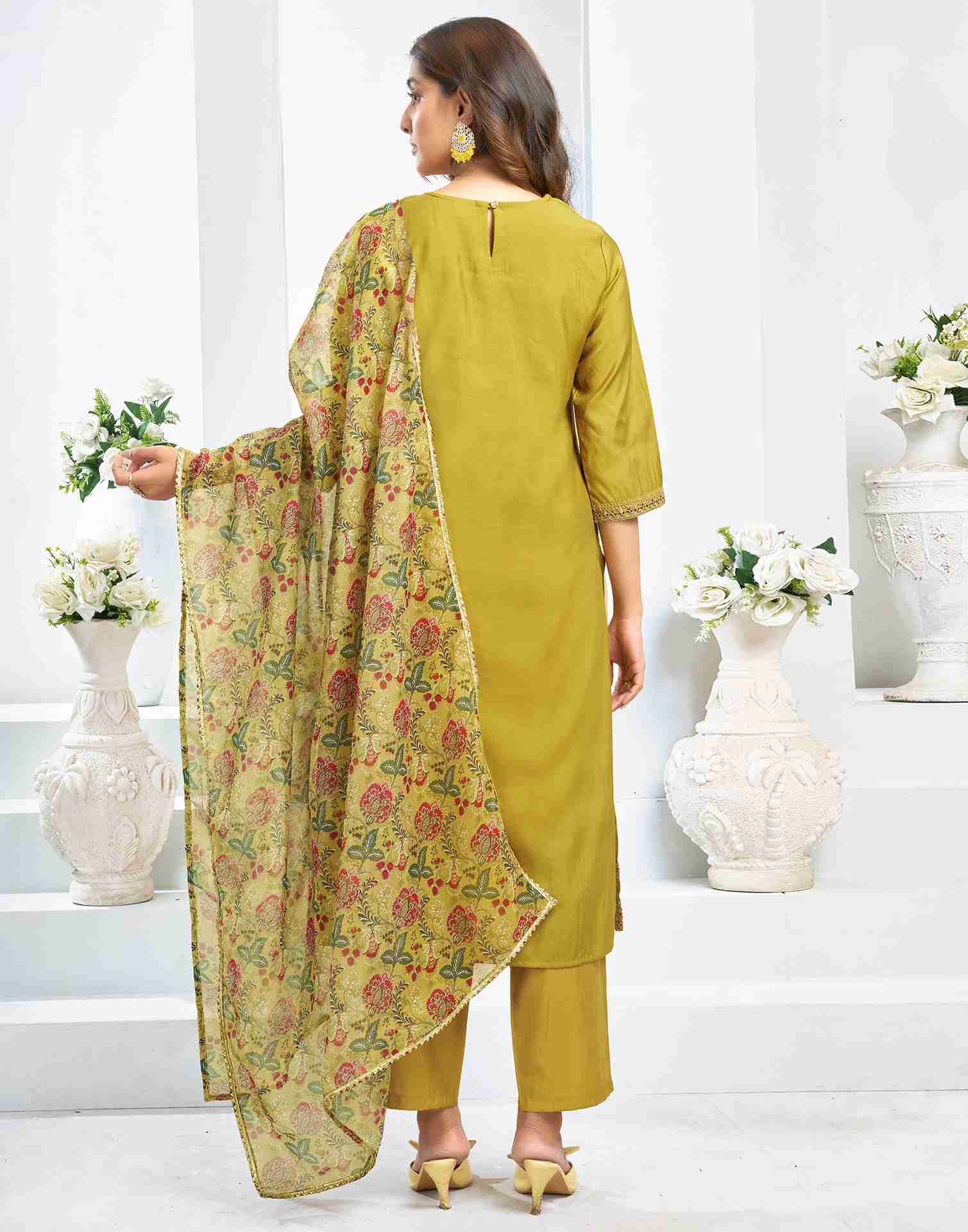 Mustard Yellow Chanderi Embroidery Straight Kurta Set With Dupatta