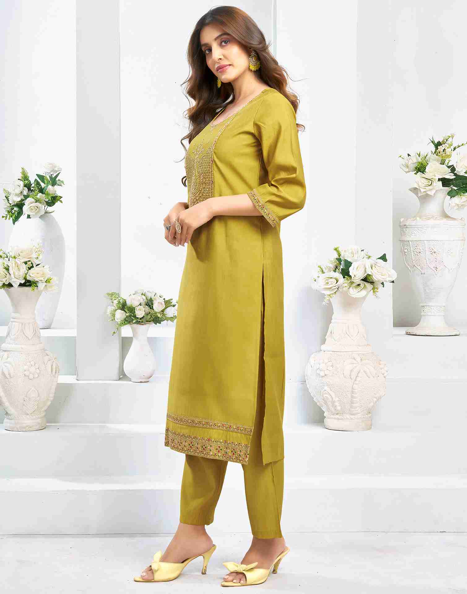 Mustard Yellow Chanderi Embroidery Straight Kurta Set With Dupatta
