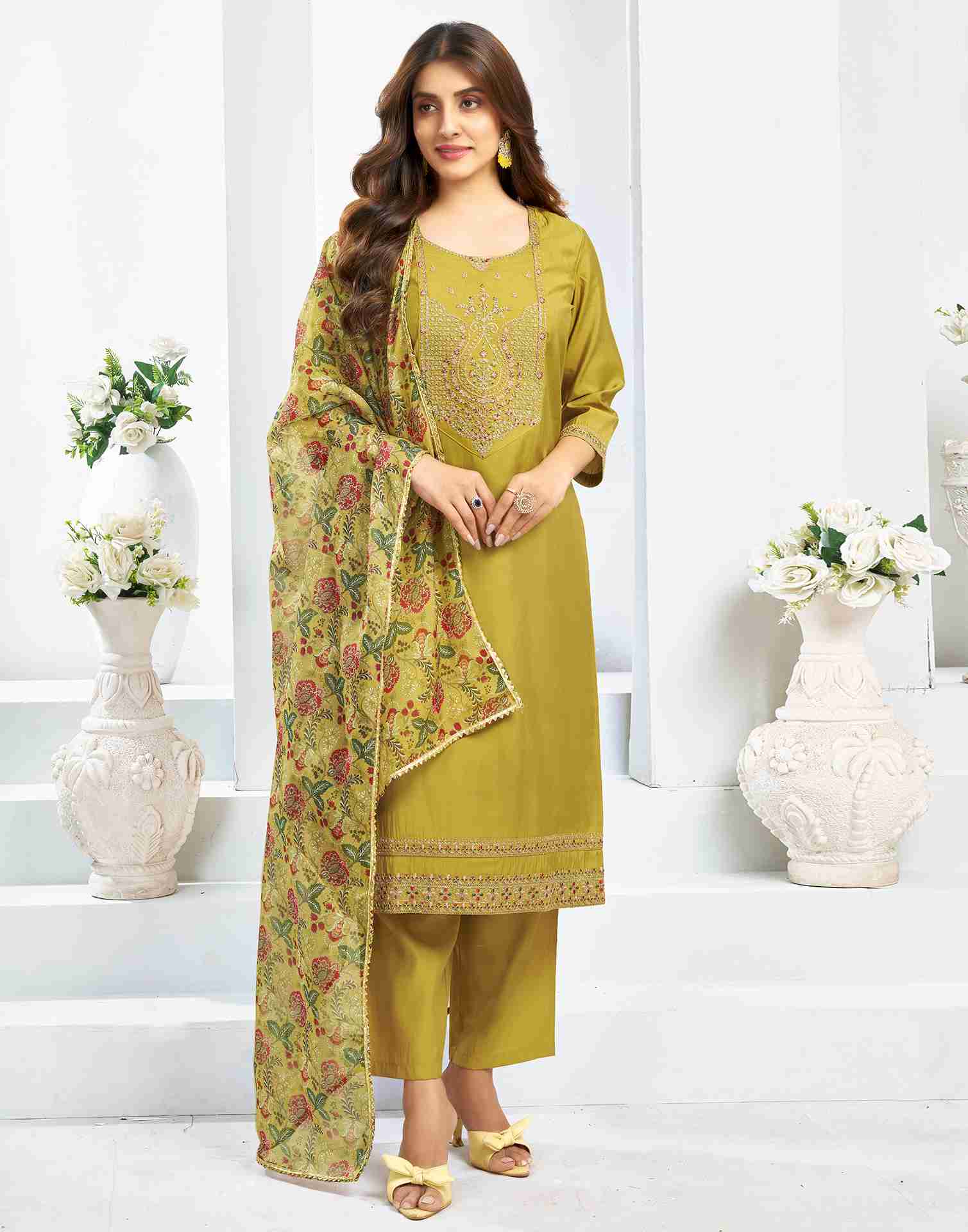 Mustard Yellow Chanderi Embroidery Straight Kurta Set With Dupatta
