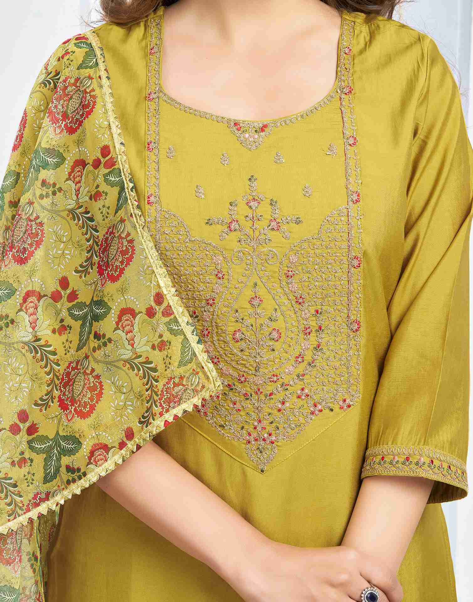 Mustard Yellow Chanderi Embroidery Straight Kurta Set With Dupatta