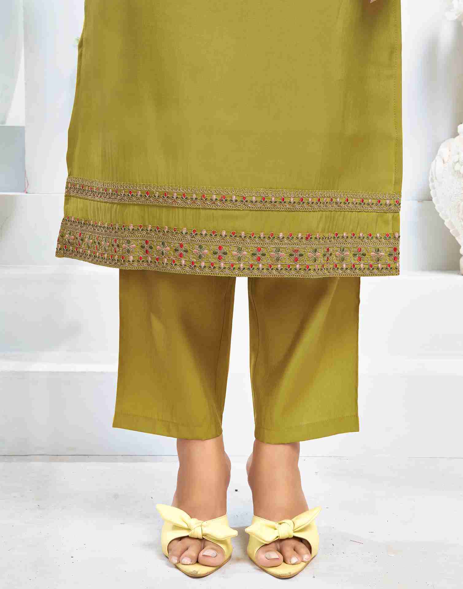 Mustard Yellow Chanderi Embroidery Straight Kurta Set With Dupatta