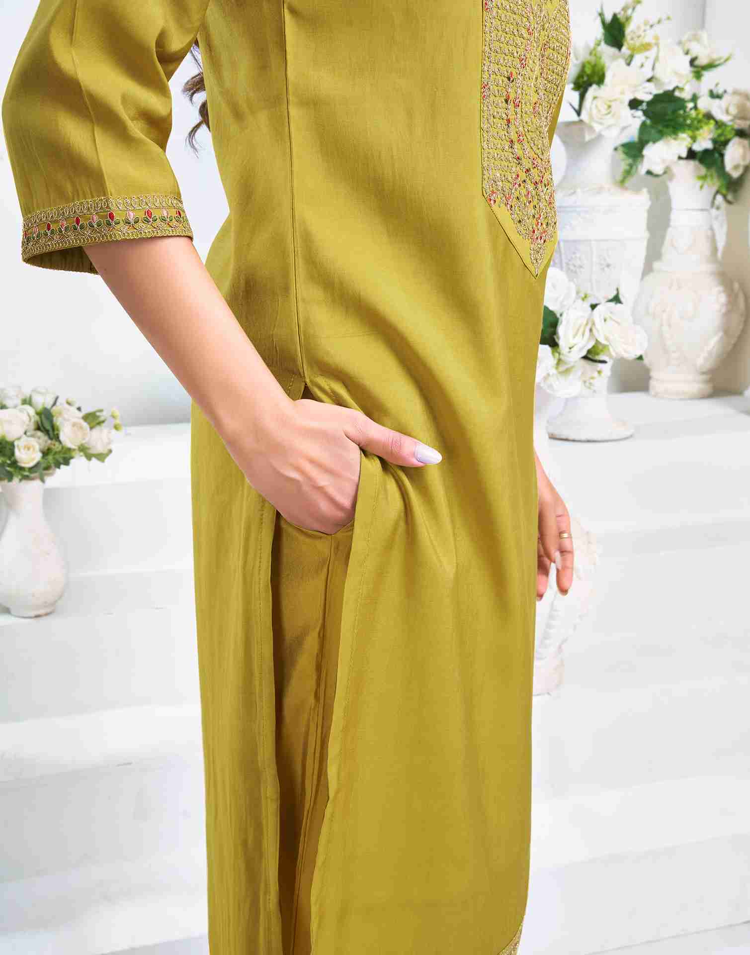 Mustard Yellow Chanderi Embroidery Straight Kurta Set With Dupatta