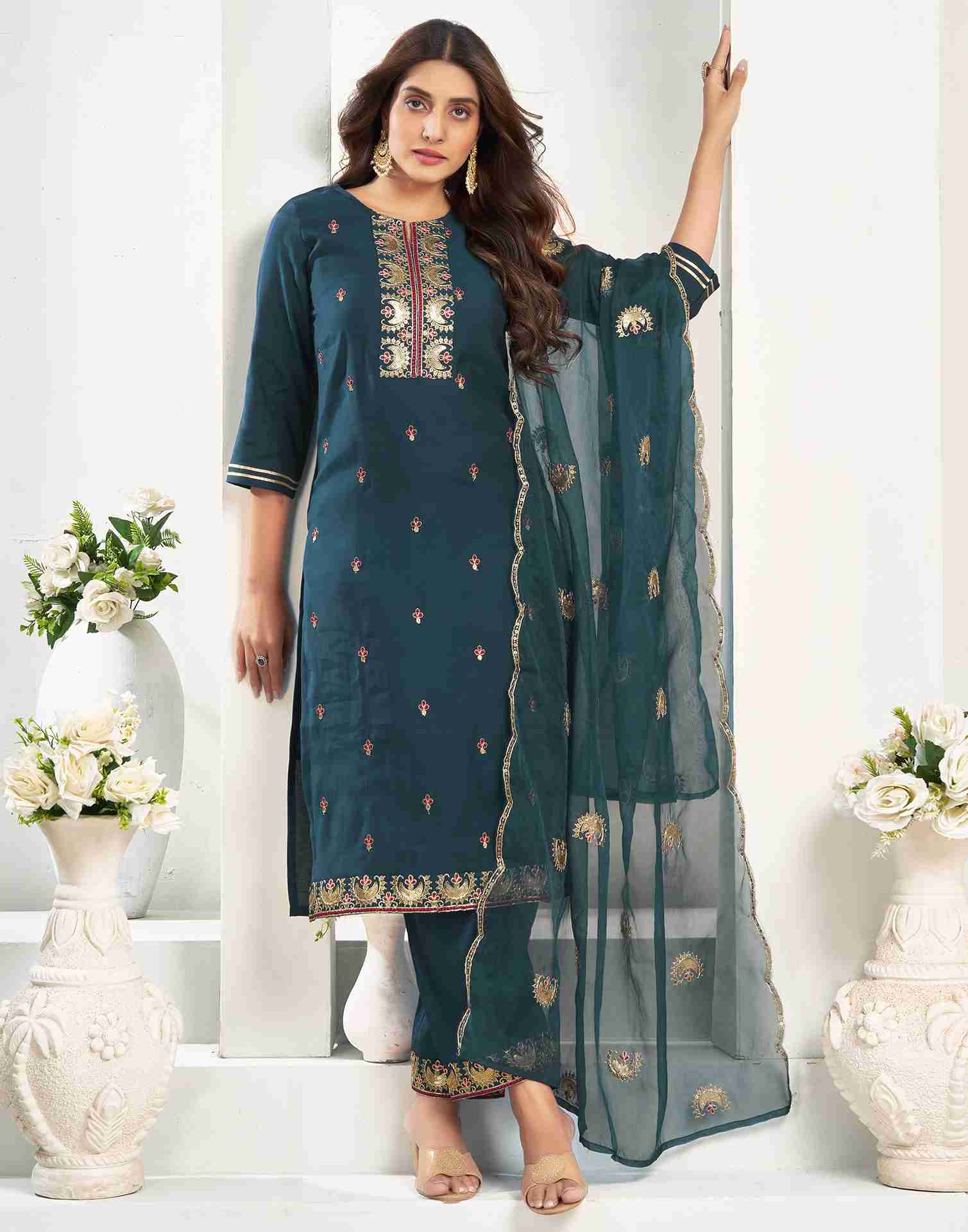 Teal Blue Silk Embroidery Straight Kurta Set With Dupatta