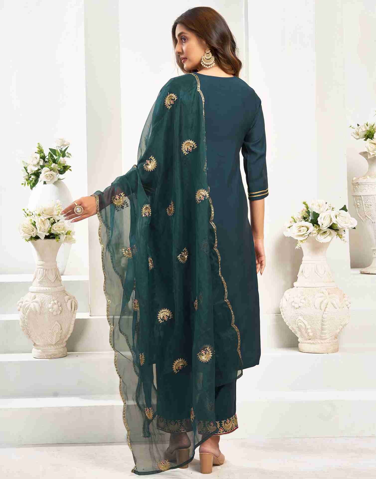 Teal Blue Silk Embroidery Straight Kurta Set With Dupatta