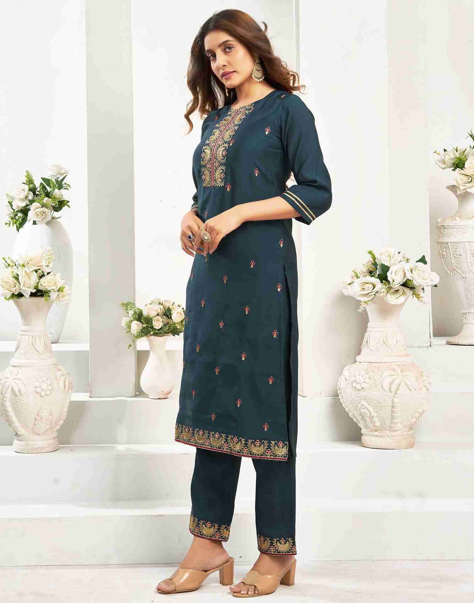 Teal Blue Silk Embroidery Straight Kurta Set With Dupatta