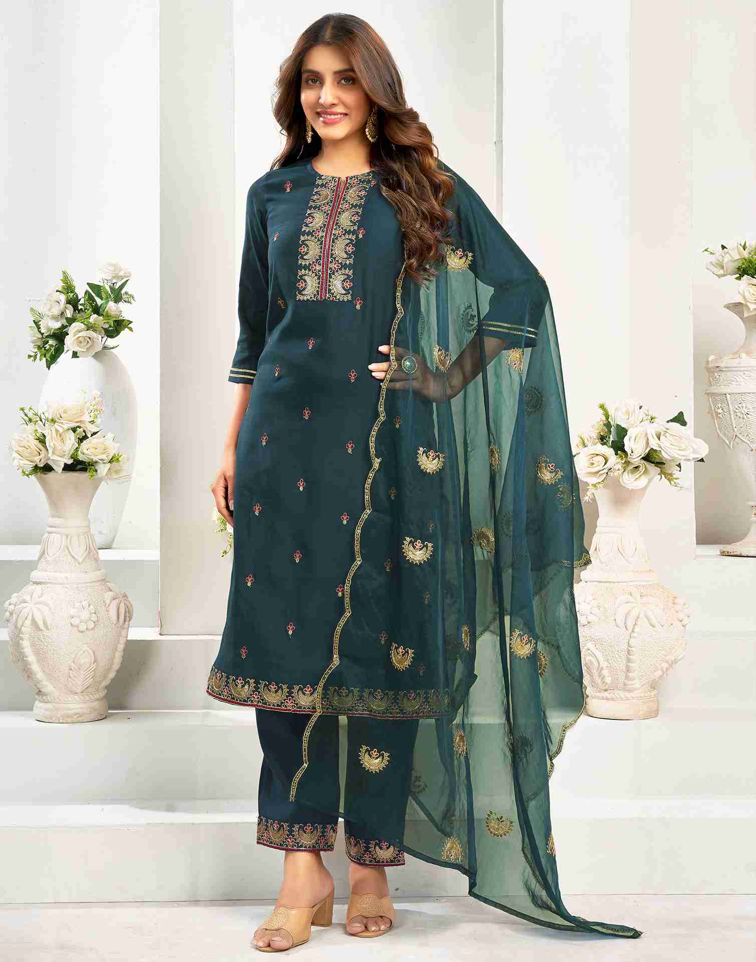 Teal Blue Silk Embroidery Straight Kurta Set With Dupatta
