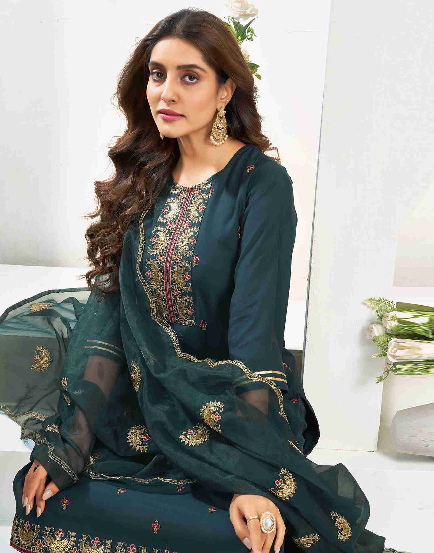 Teal Blue Silk Embroidery Straight Kurta Set With Dupatta