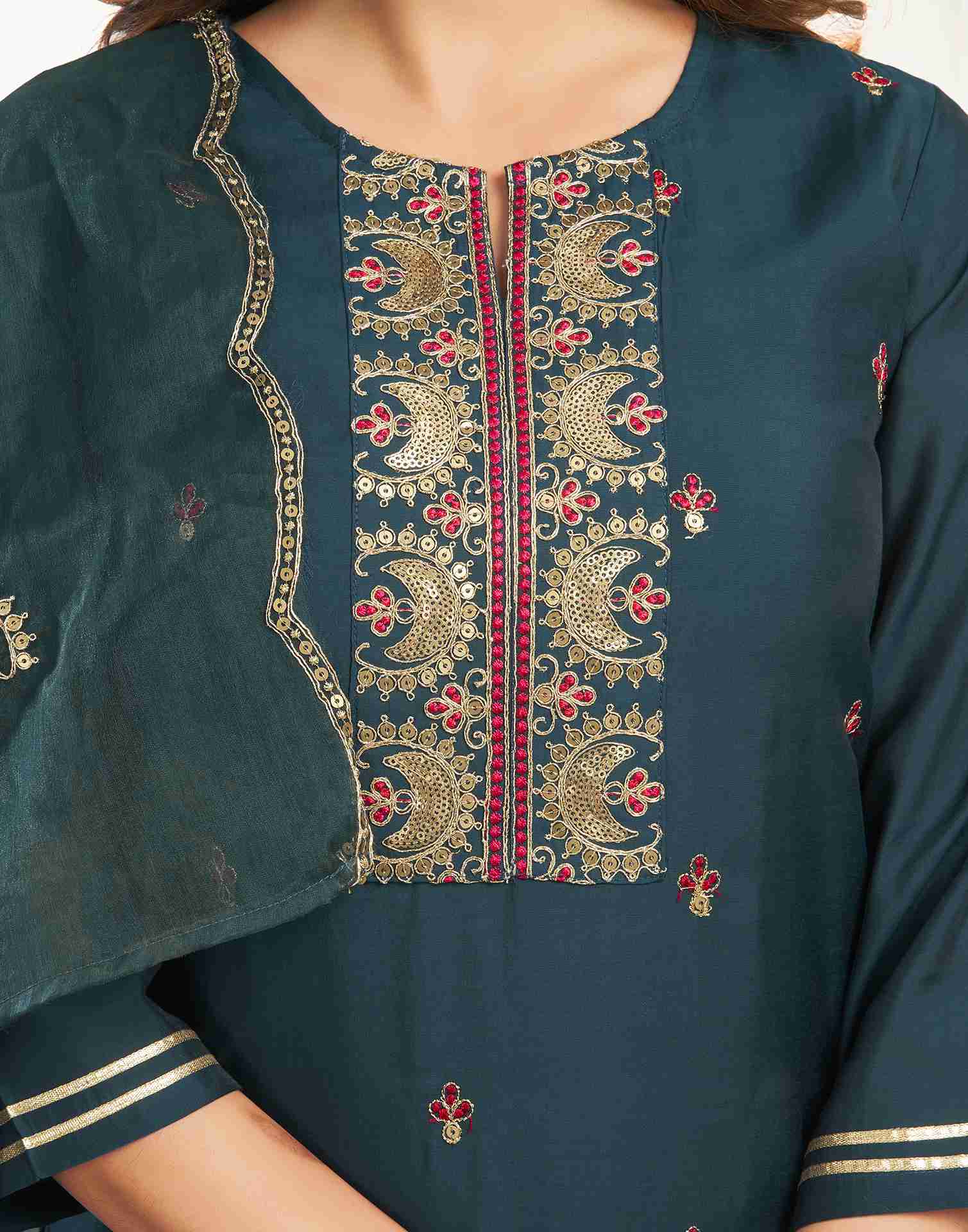 Teal Blue Silk Embroidery Straight Kurta Set With Dupatta