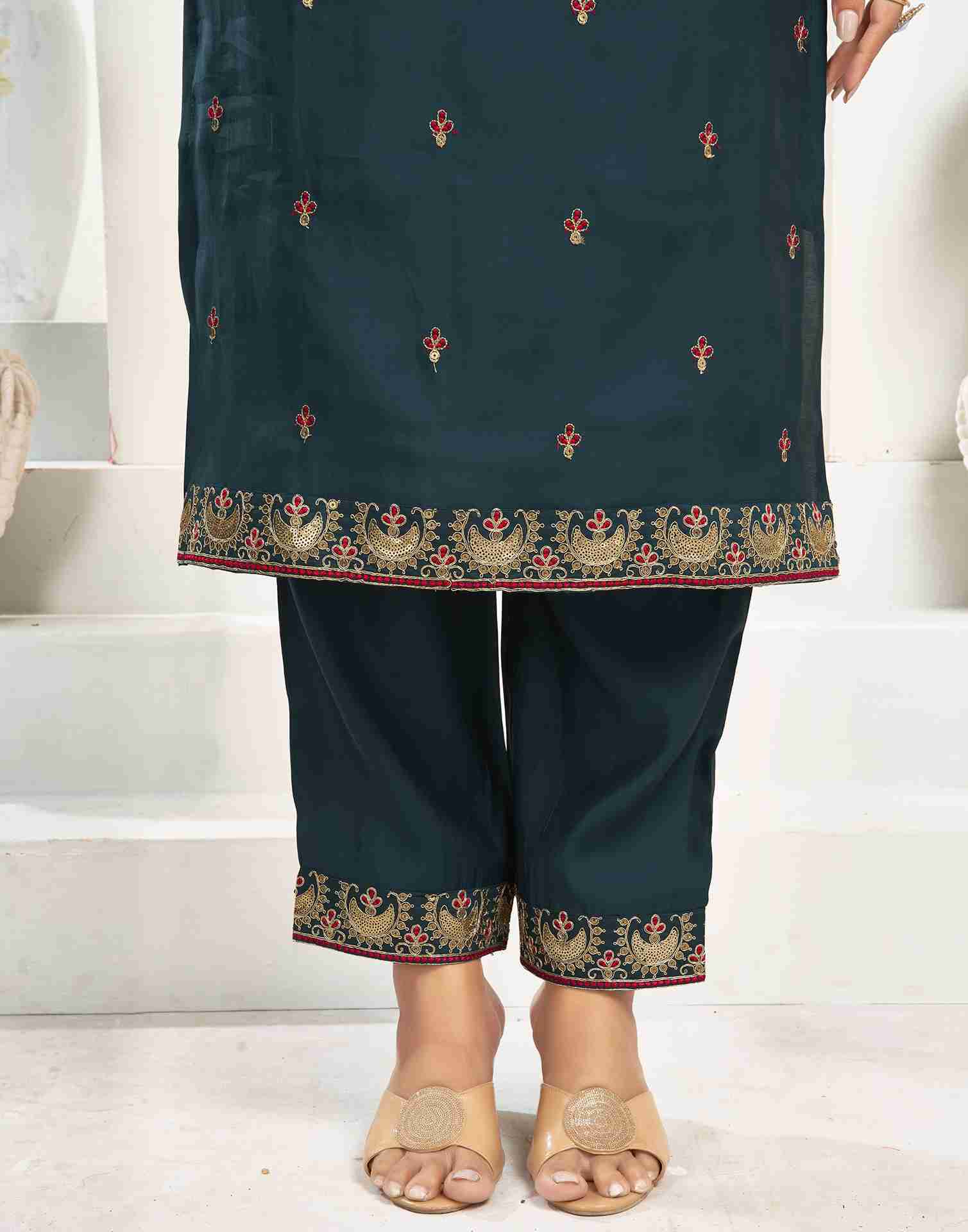 Teal Blue Silk Embroidery Straight Kurta Set With Dupatta
