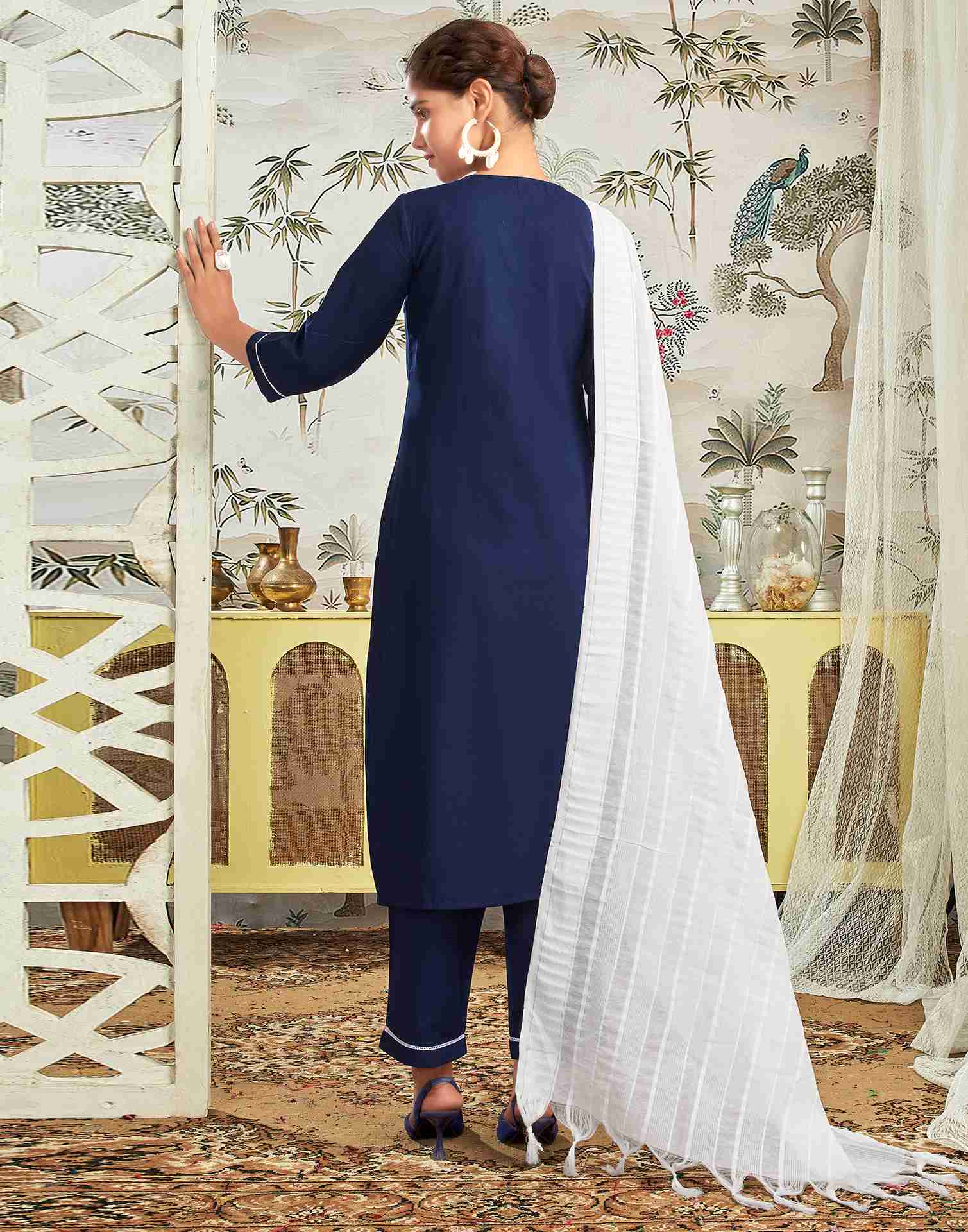 Navy Blue Rayon Embroidery Straight Kurta Set With Dupatta