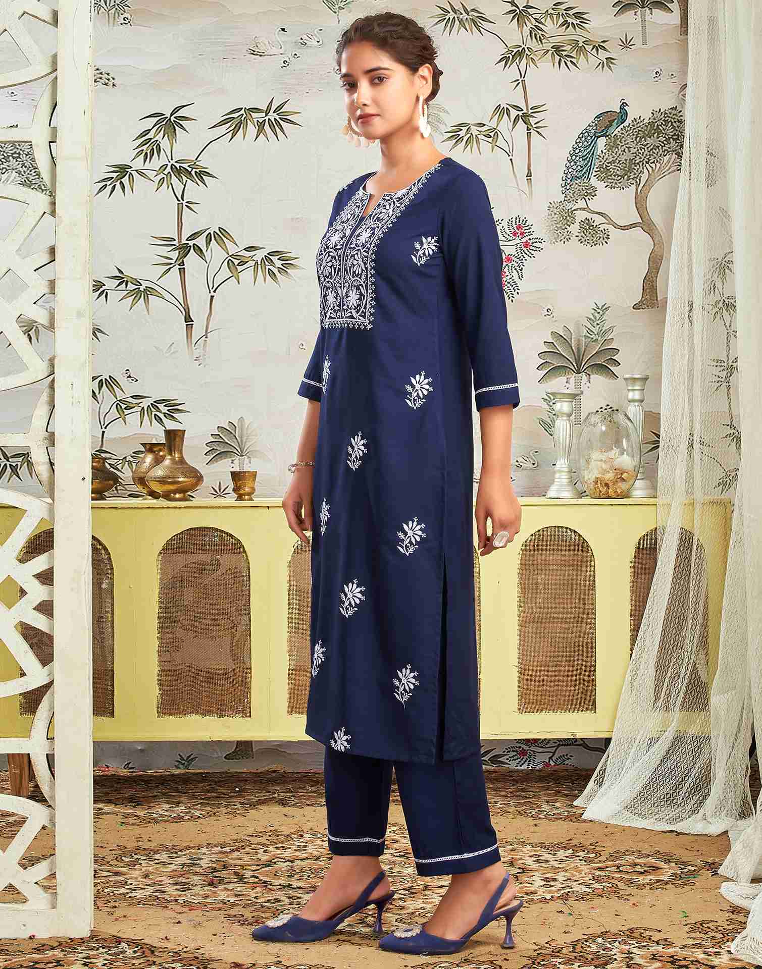Navy Blue Rayon Embroidery Straight Kurta Set With Dupatta