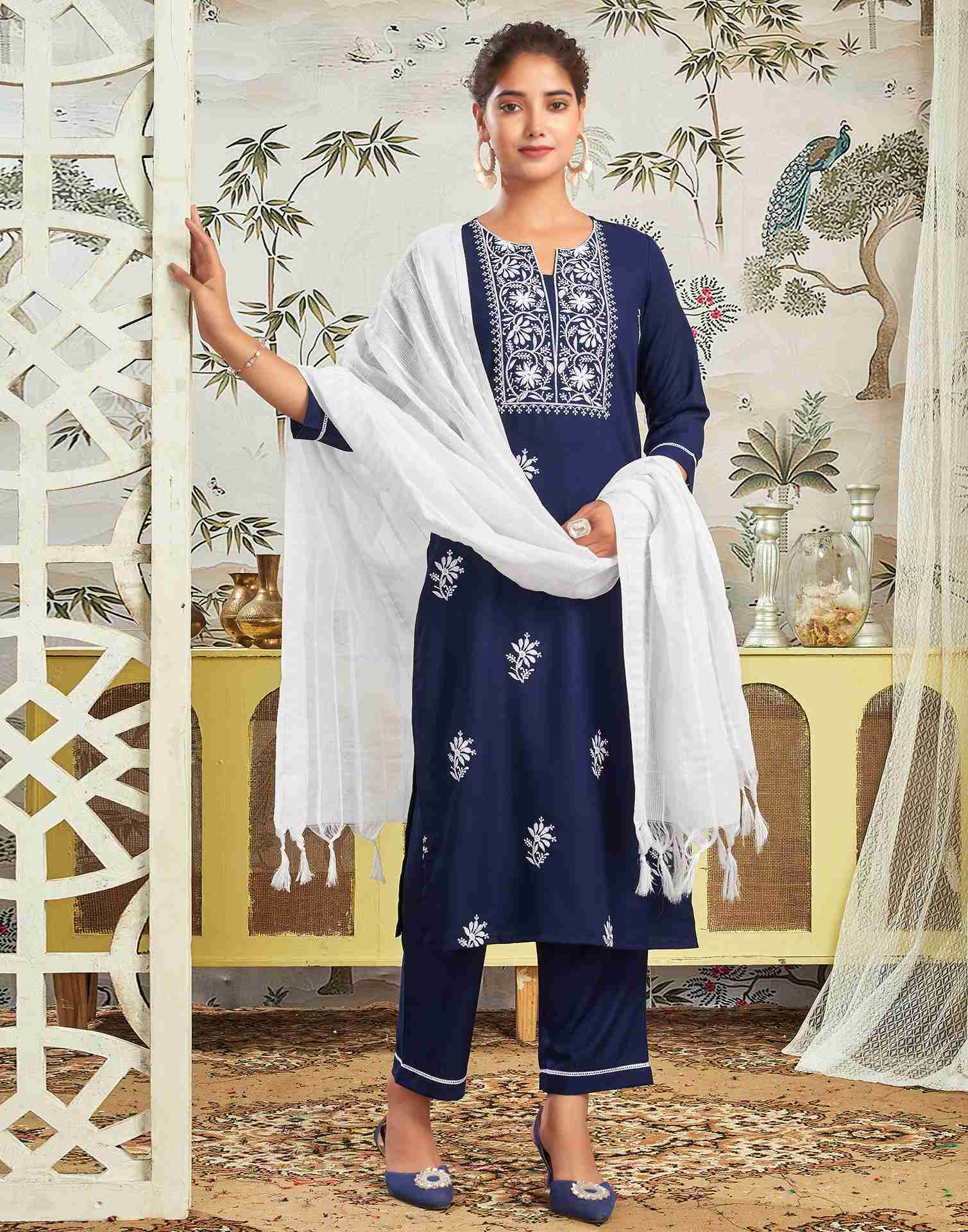 Navy Blue Rayon Embroidery Straight Kurta Set With Dupatta